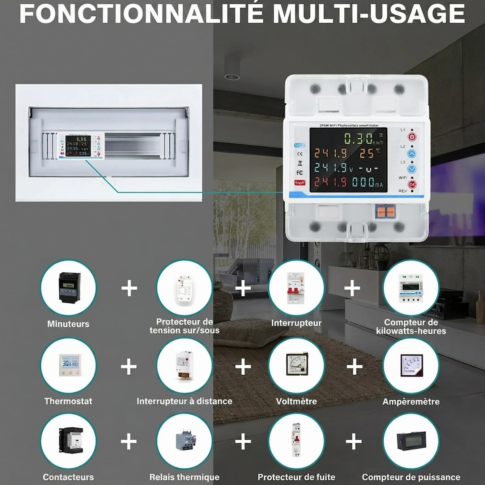 Wifi compteur electrique consommation triphasé 100A 380V AC Smart meter compteur électrique wifi bidirectionnel avec contrôle du temps/protection contre les surtensions/surintensités.