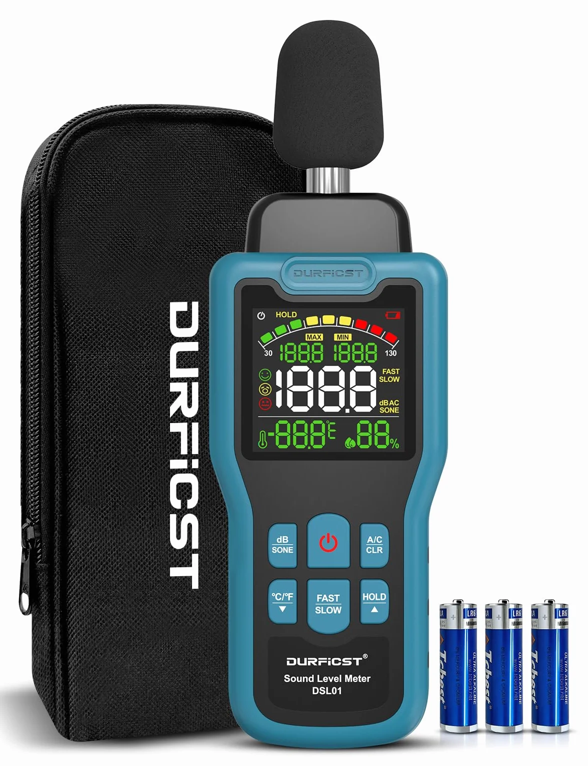 Sonomètre, DURFICST Sonometre Decibelmetre avec Mesure de la Température et de l'Humidité, Plage 30-130 dB, Décibelmètre avec Écran LCD Couleur, Pondération AC, Unité dB/SON, Réponse Rapide/Lente