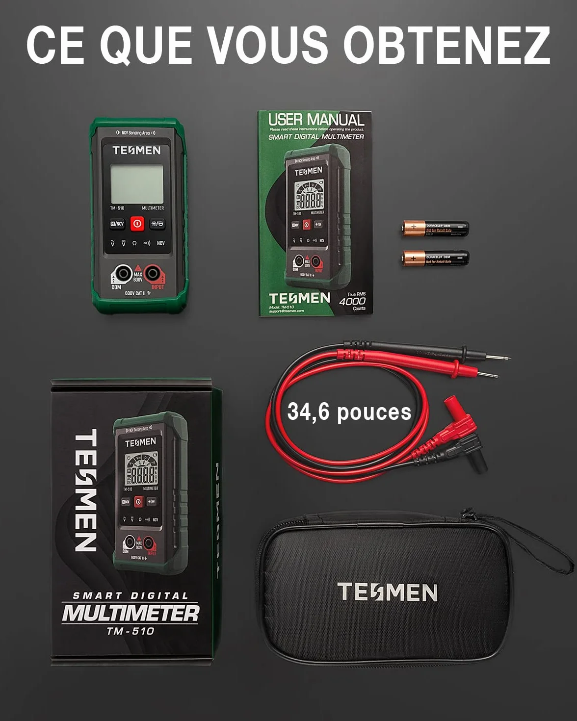 TESMEN TM-510 Multimetre Numerique, Testeur Electrique 4000 Comptes, Multimetre Professionnel Mesure Intelligente, Auto-Ranging Voltmetre, Mesure La Tension AC/DC, Resistance, Continuite – Vert