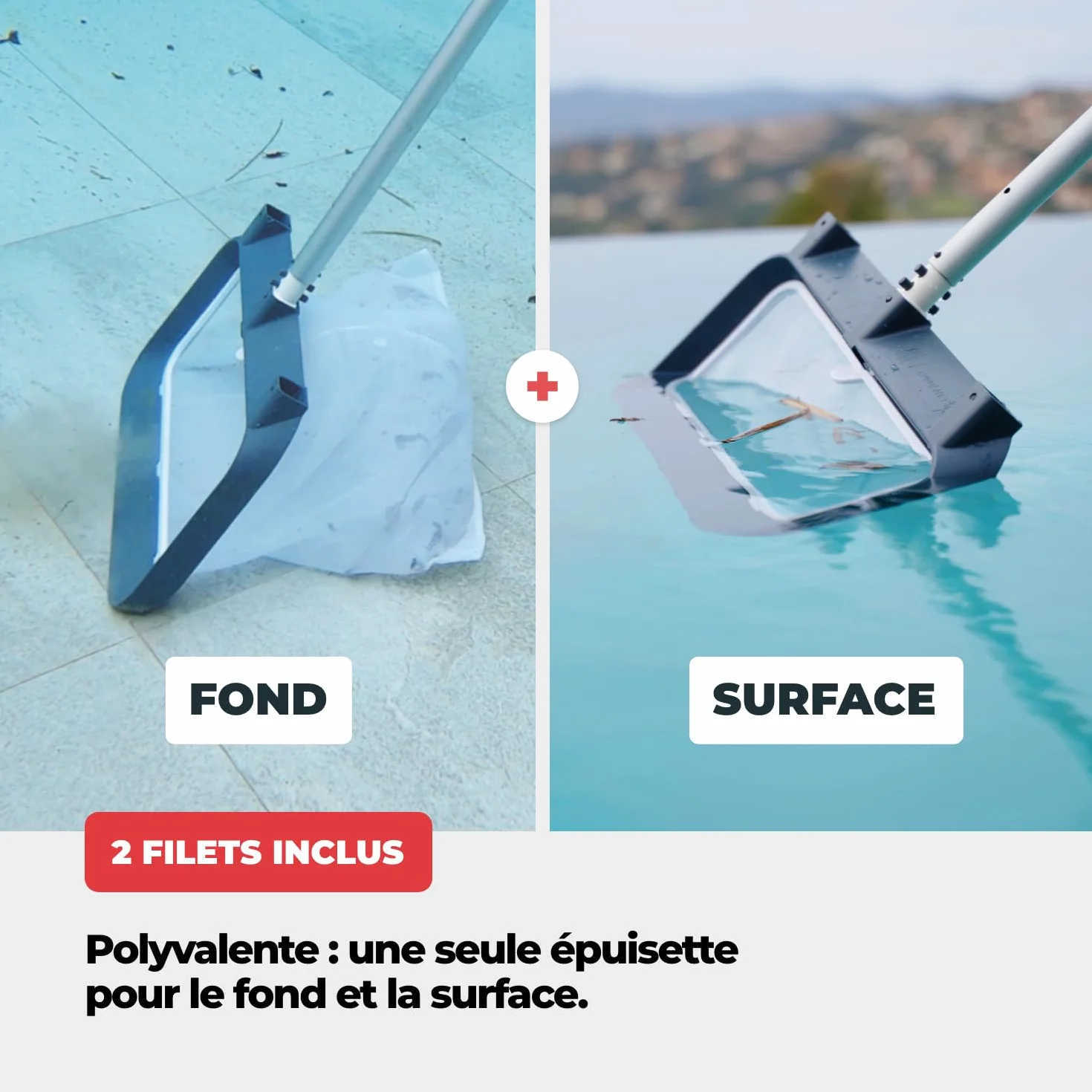 Épuisette Piscine Professionnelle 3-en-1 NODI Net+ Fond Surface Coffre Volet Immergé Résistance 32 kg Filet Remplaçable