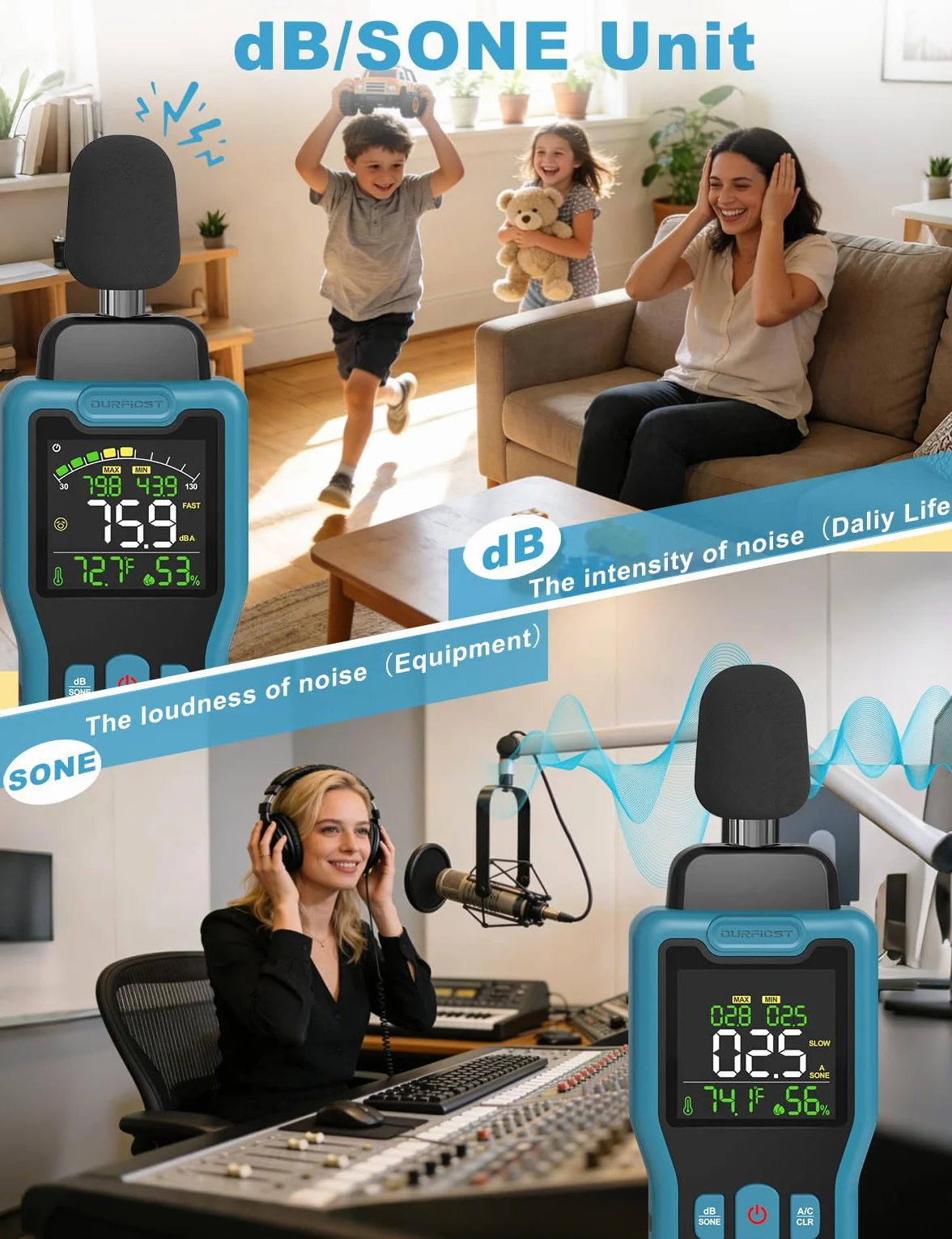 Sonomètre, DURFICST Sonometre Decibelmetre avec Mesure de la Température et de l'Humidité, Plage 30-130 dB, Décibelmètre avec Écran LCD Couleur, Pondération AC, Unité dB/SON, Réponse Rapide/Lente