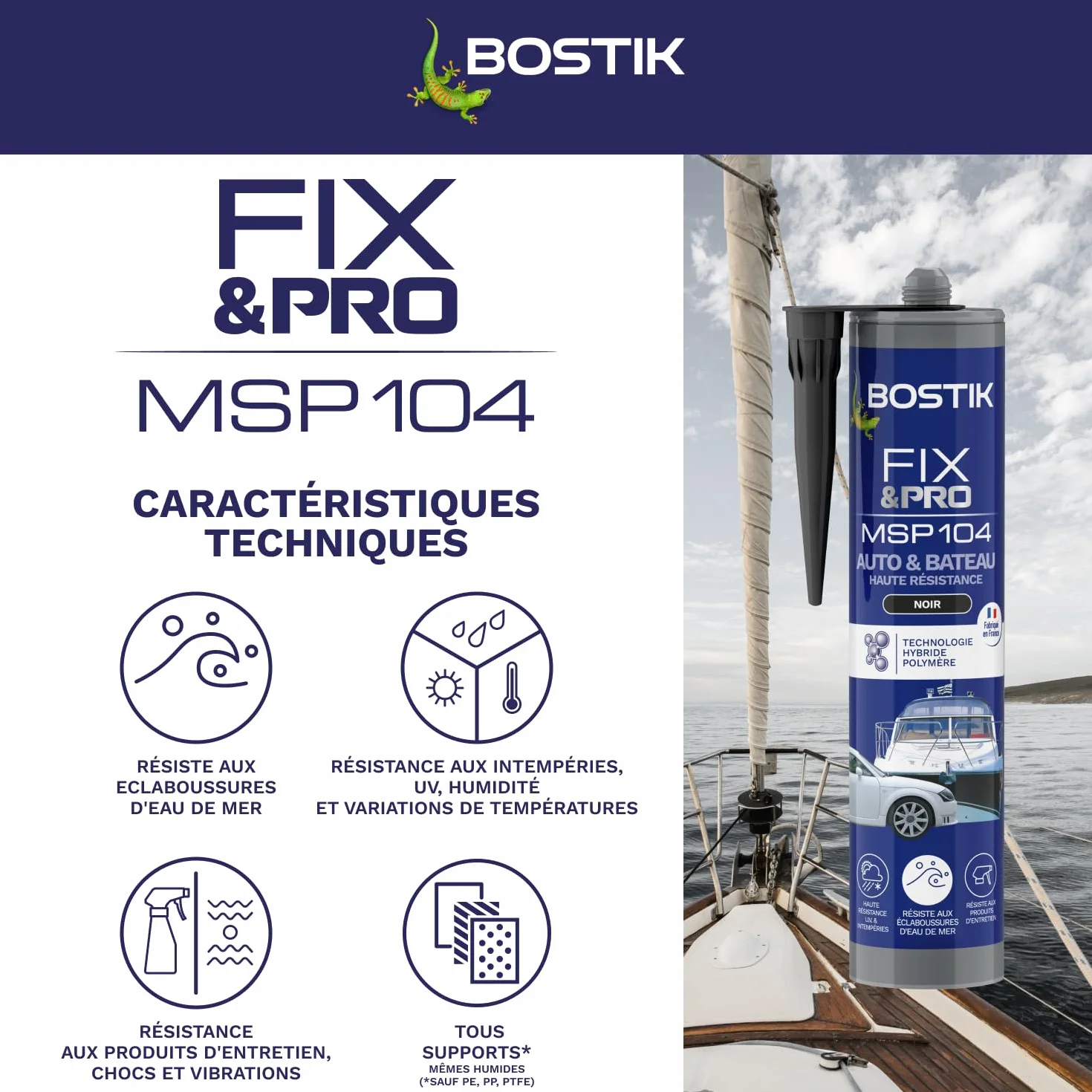 Bostik FIX&PRO MSP 104 Noir – Mastic Colle et Joint Auto, Bateau, Camping Car – Tous matériaux – Résiste aux UV, Intempéries et à l’Eau de Mer – MS Polymère – 290ml