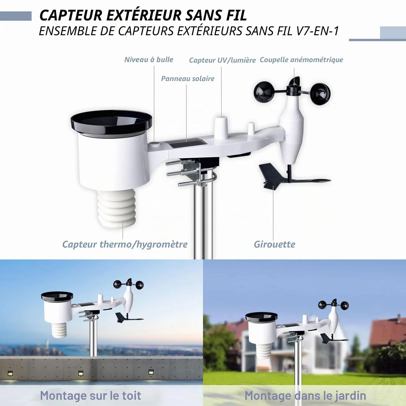 ECOWITT WS69 capteur extérieur 7 en 1 solaire température humidité pluviomètre vent lumière UV