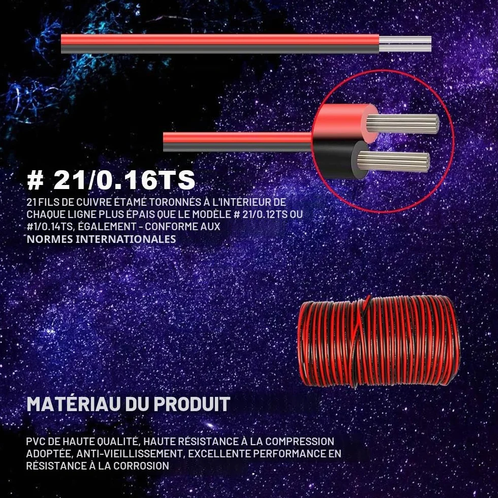 Câble D'extension 20 AWG 20m 2x0,5mm² Cuivre Etamé pour Bandes LED Couleur Unique 3528 5050 2835