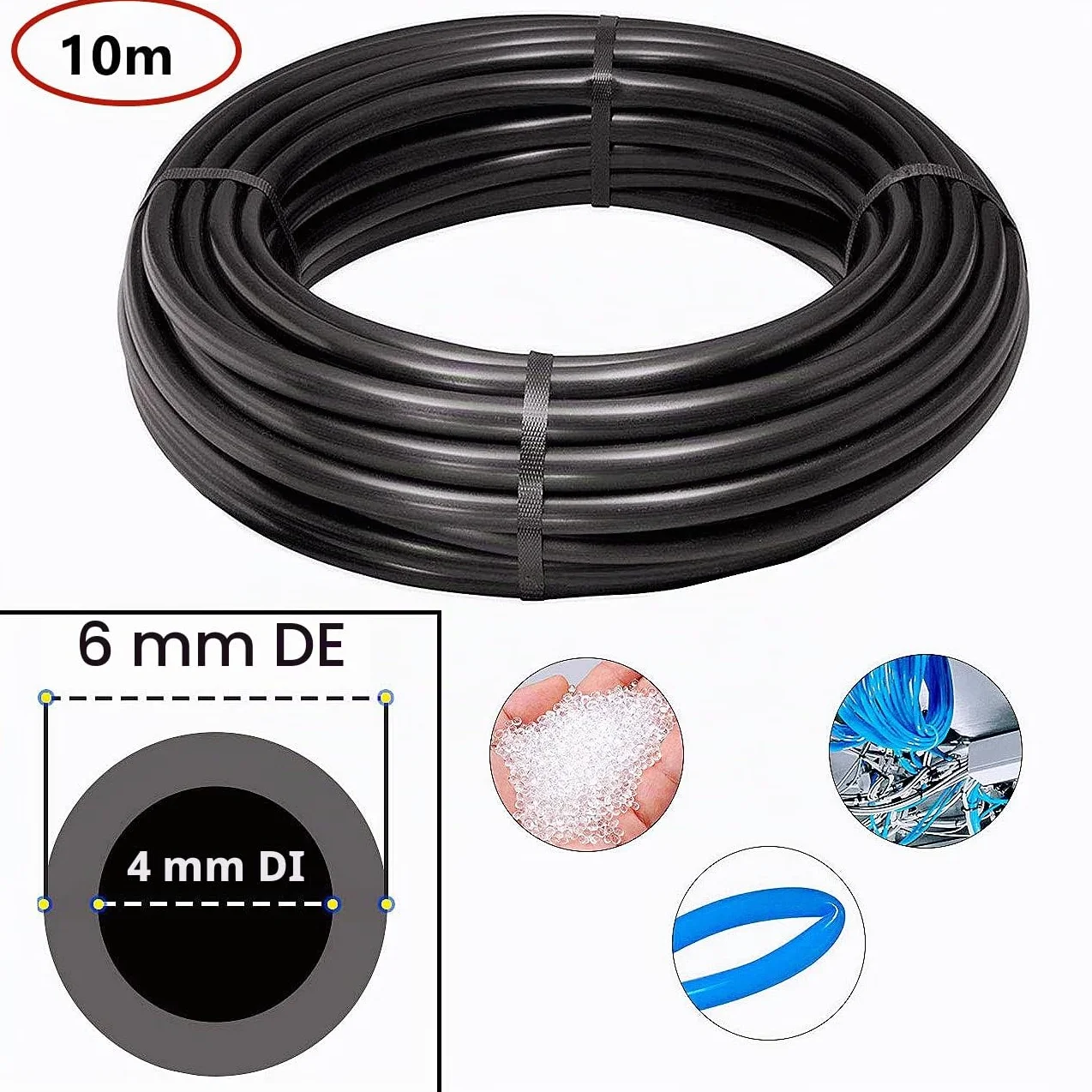 HUAZIZ 10m PolyuréthaneTuyau Pneumatique 6mm Noir, PU Tuyau Air, avec 14 Connecteur Pneumatique 4mm (2 Droits, 2 Coudes, 2 Raccords en T, 2 Séparateurs en Y, 6 Raccords Filetés Mâle)