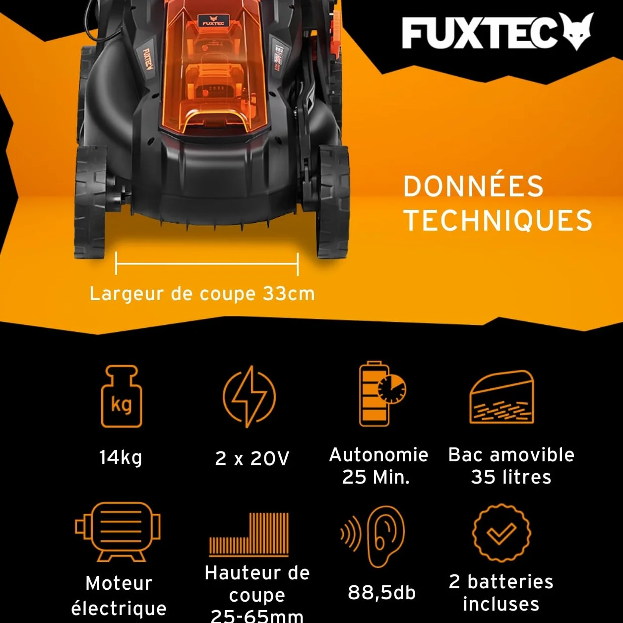 FUXTEC FX-E1RM20-33 cm Tondeuse à Gazon à Batterie 40V (2X20V) Set avec 2 Batteries 2Ah et Double Chargeur 2,4A
