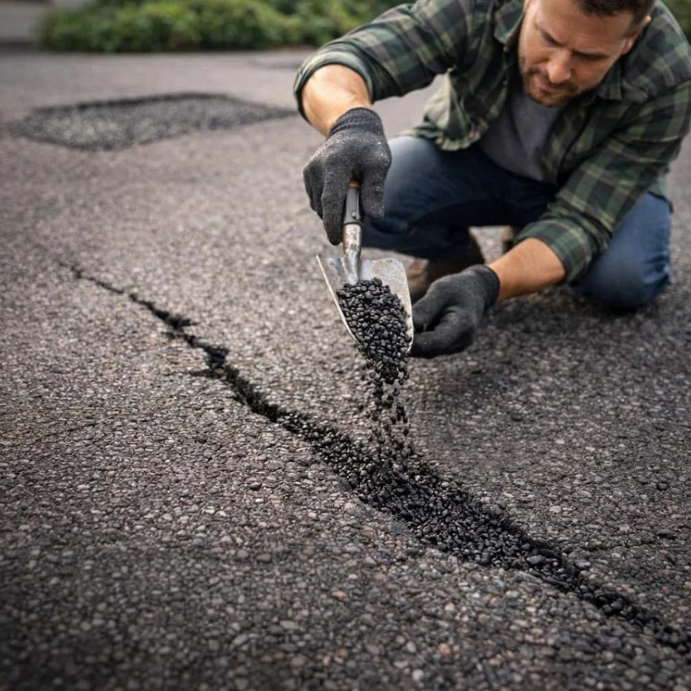 GiDeli Bitume à froid 10 kg dans un seau - Prêt à l'emploi pour réparation d'asphalte et remplissage de fissures - avec une granulométrie de 0-8 mm - Enduit bitumineux - Utilisation universelle