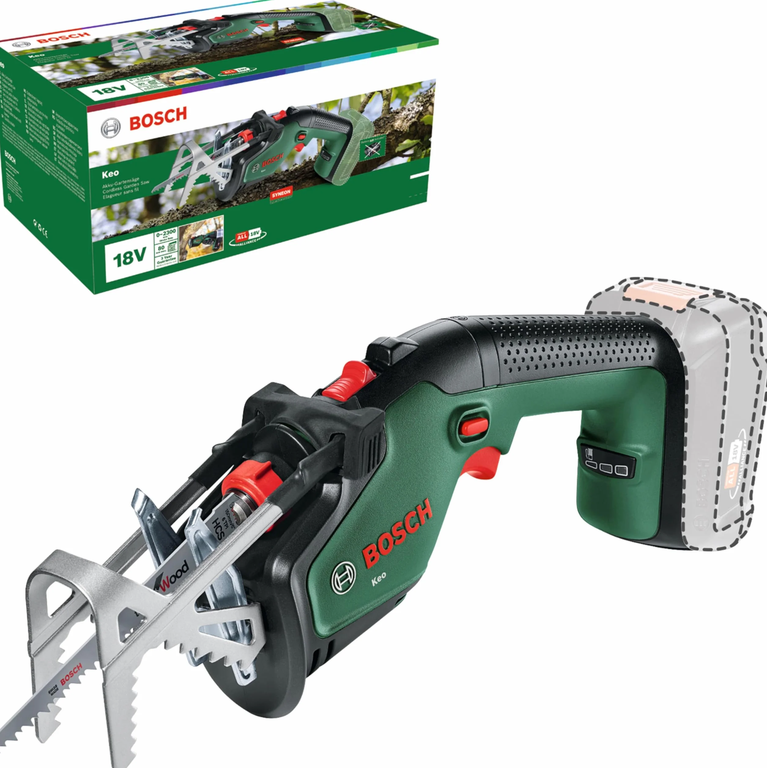 Bosch Elagueur sans fil - Keo (sans batterie, système 18V, diamètre de coupe 80 mm, avec lame de précision de fabrication suisse pour bois, dans emballage carton)