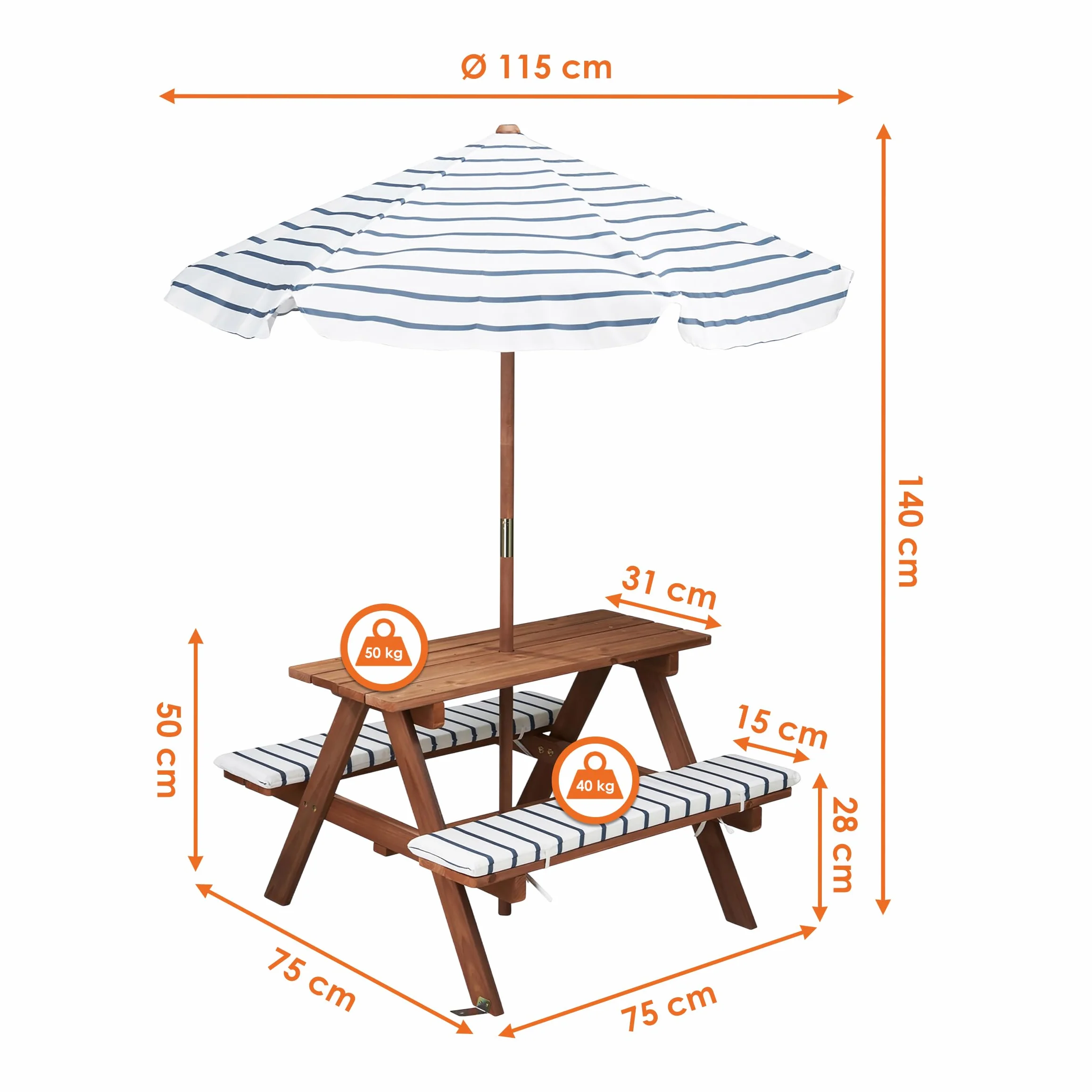 Table de pique-nique en bois pour enfants 75 x 75 cm avec parasol et coussins résistant jusqu'à 80 kg