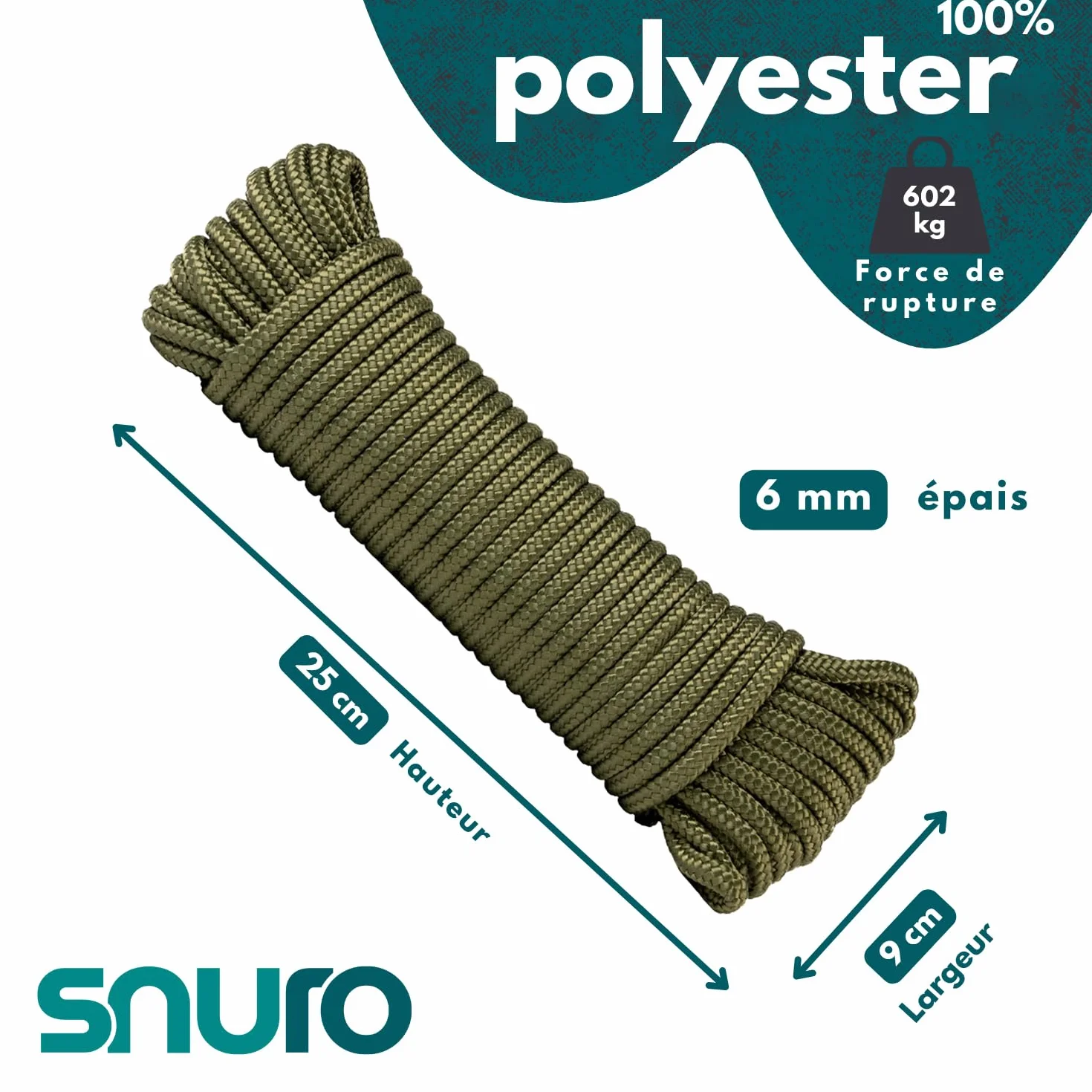 Corde Polyester (6mm, 20m, Vert Militaire) - Polyester tressé - Solide, résistant aux intempéries et Polyvalent - Charge de Rupture 602kg