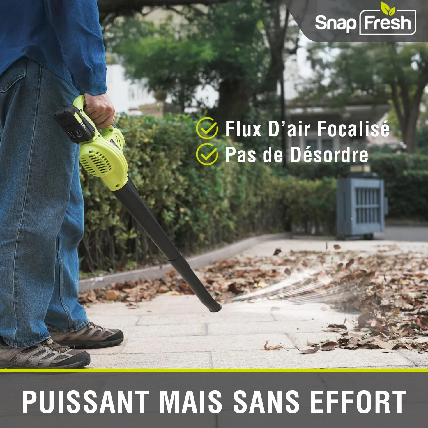 SnapFresh Souffleur Batterie 20V Léger 1,2 kg - Souffleur de Feuilles sans Fil 210 km/h 240m³/h, 2 Vitesses, avec Batterie et Chargeur