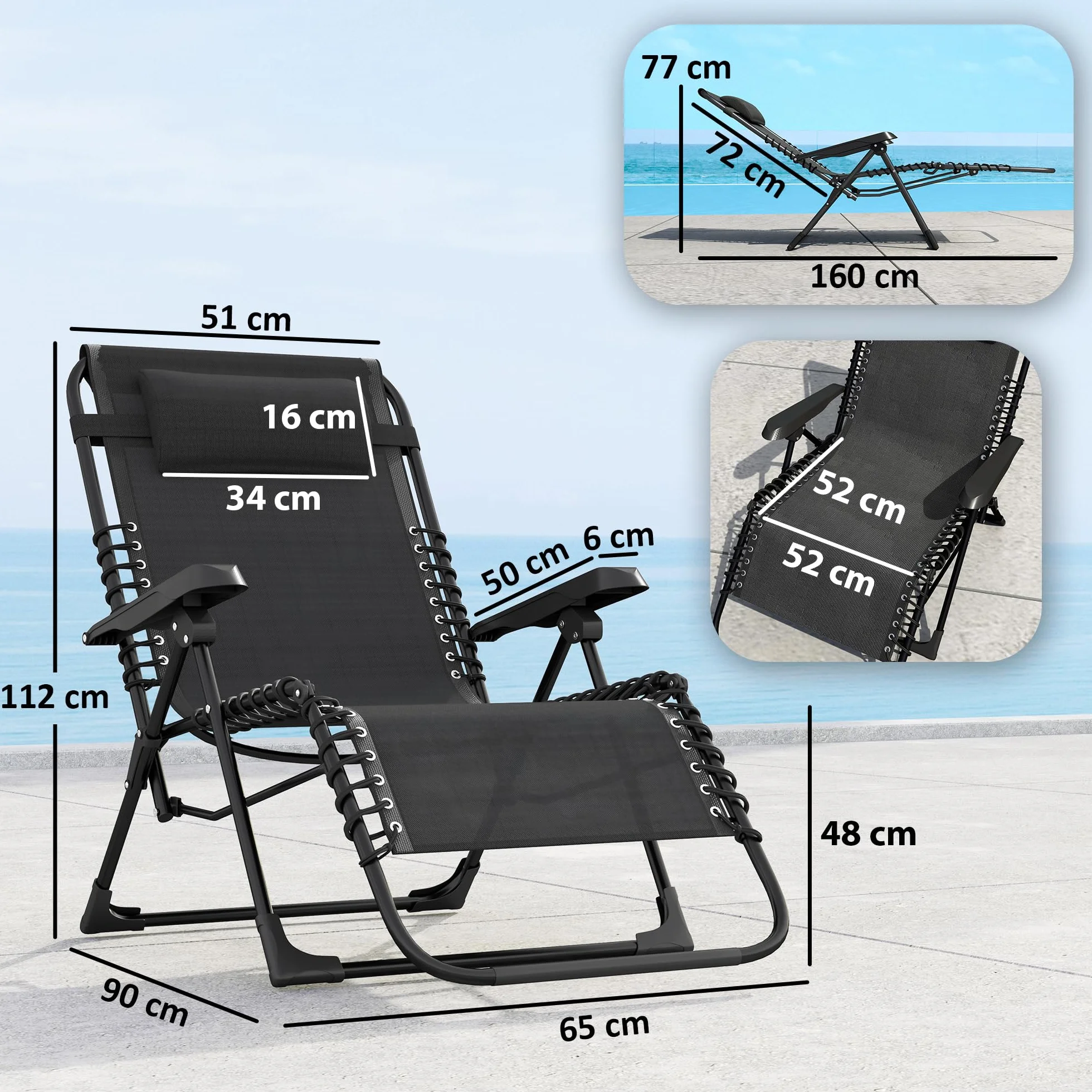 Outsunny Lot de 2 Bain de Soleil Pliante en Textilène, Chaise Longue Jardin 90 x 65 x 112 cm Noir
