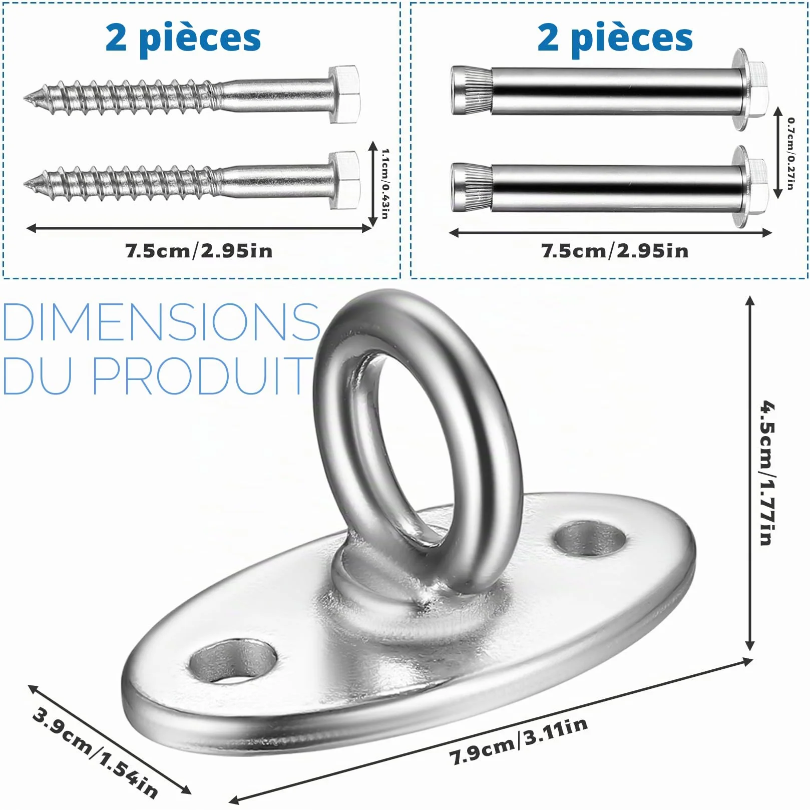 Crochet de plafond pour charges lourdes, plaque oculaire en acier inoxydable, support jusqu'à 500 kg