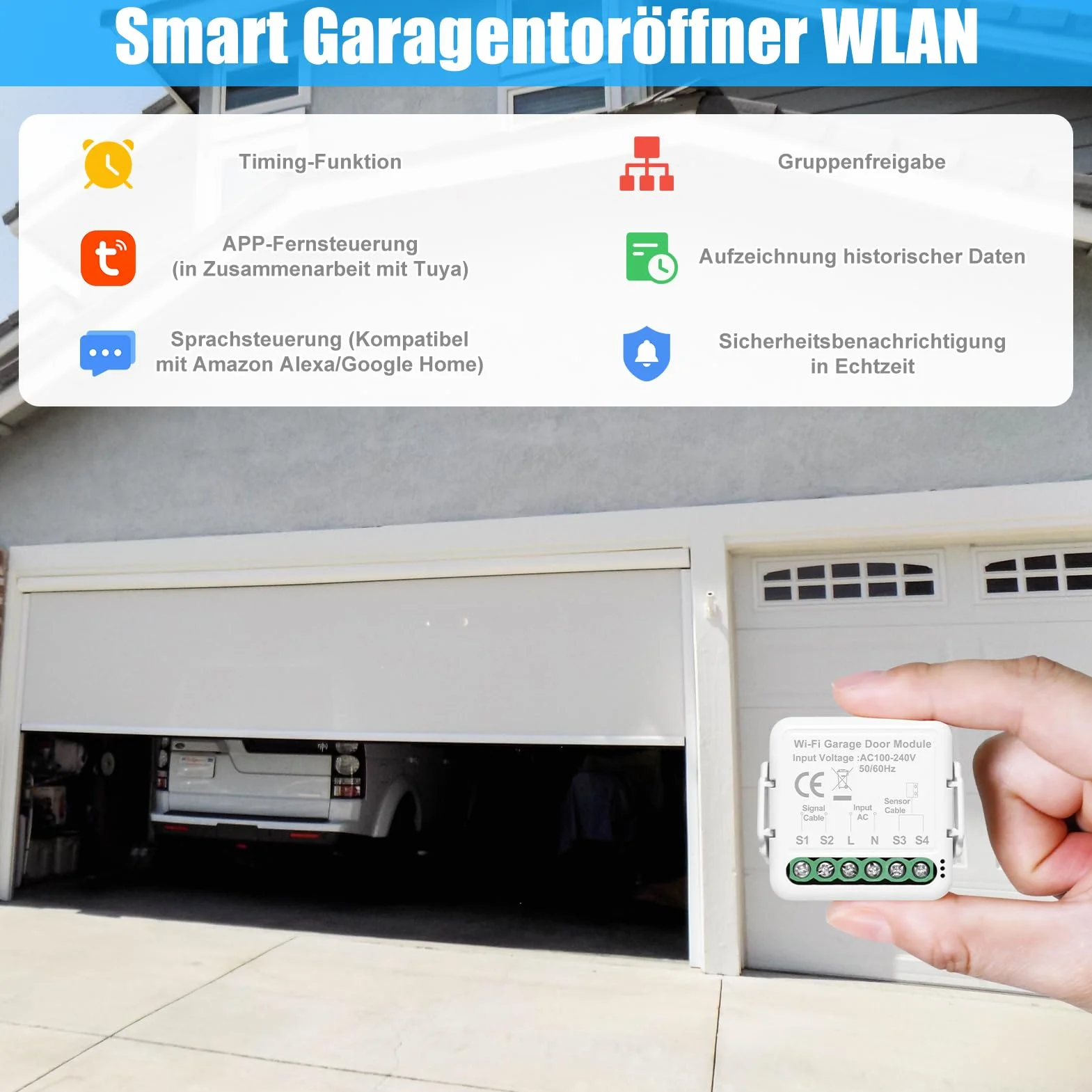Ouvre-porte de garage intelligent, ouvre portail connecté wifi contrôle de l'application Tuya, ouverture portail connecté compatible avec Alexa et Google Assistant commande vocale (2 pièce)