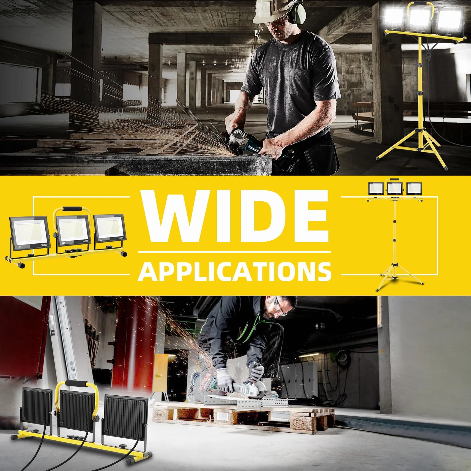 papasbox Projecteur de chantier LED 300W avec trépied prise et interrupteur | Lampe de chantier blanc froid 6500K | Étanchéité IP66 Disponible en versions 300W 150W et 90W pour ateliers et chantiers