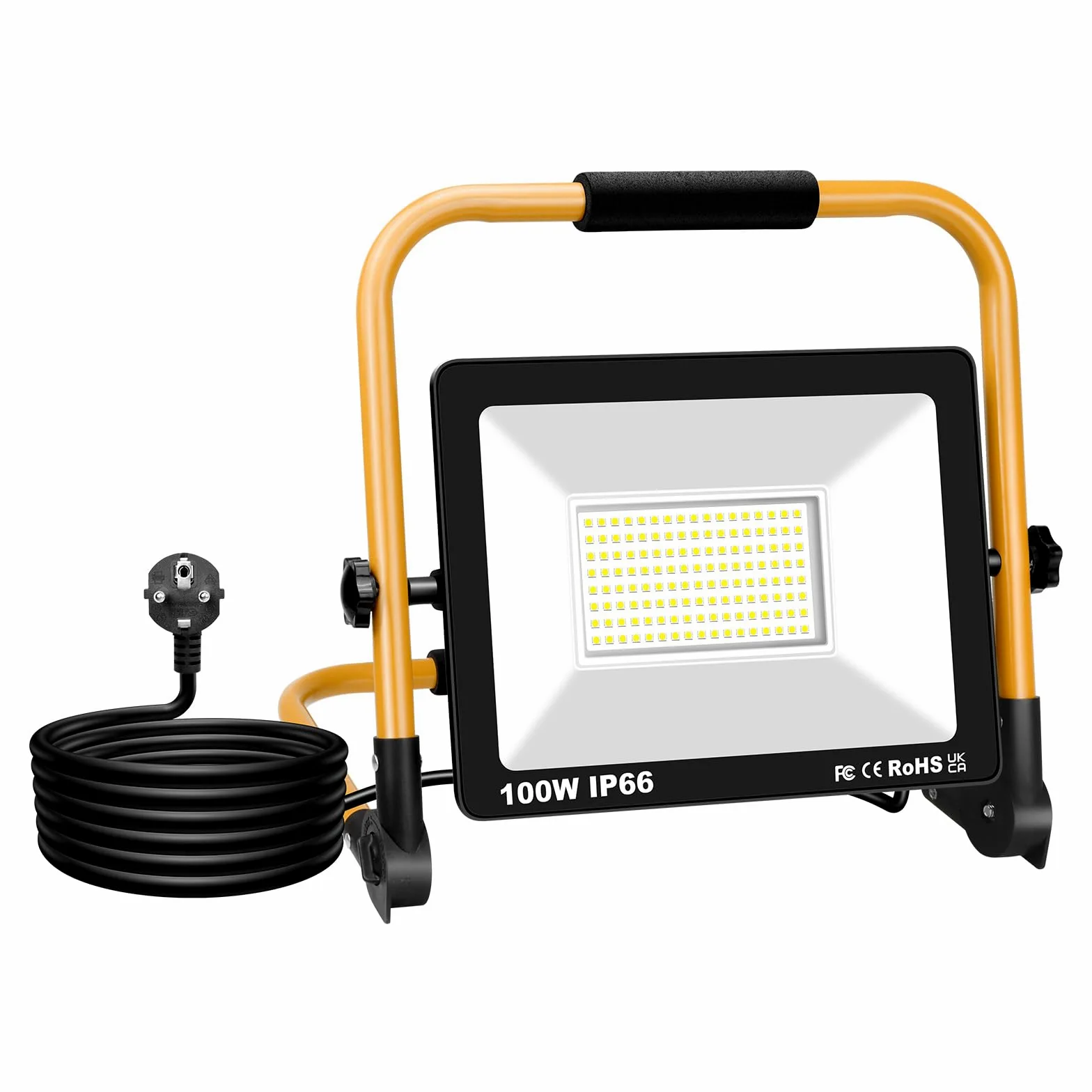 Projecteur de Chantier LED, 100W 10000LM Portable Lampe de Extérieu | Support pliable, Rotation à 360°, Câble 3M Prise, 6000K Blanc, IP66 Étanche, pour Atelier, Garage, Chantier Construction