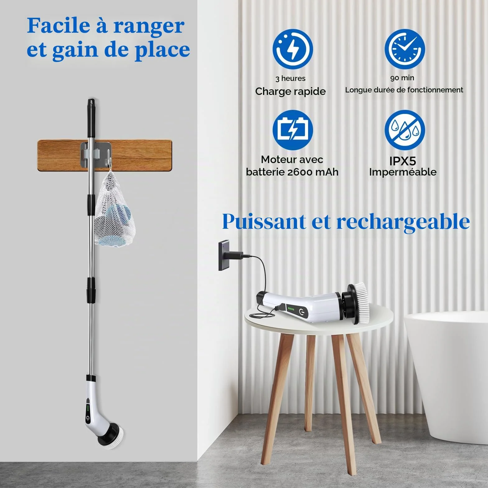 FARI Brosse Électrique Rotative Sans Fil - 8 Têtes Remplaçables, Nettoyage Douche, Poignée Ajustable Pour Salle de Bain, Carrelage et Voiture - Blanc