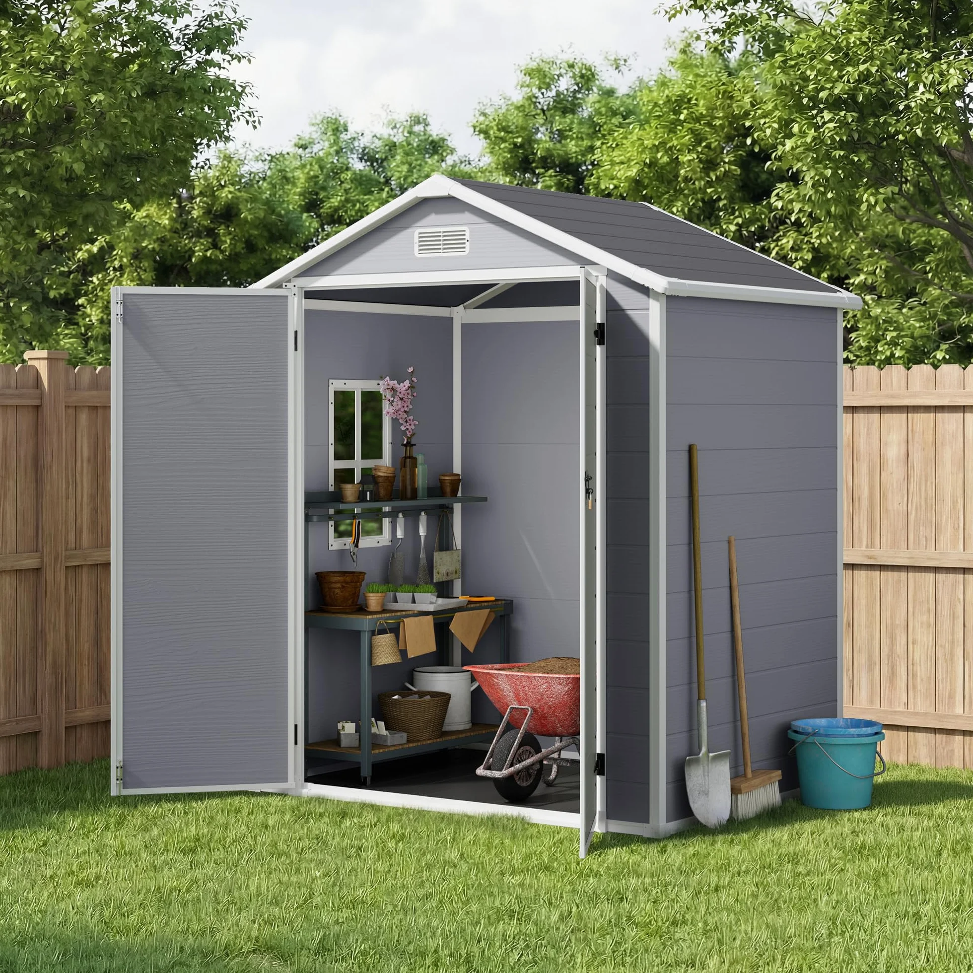 Xbro Abri de Jardin Résine 173 x 125 x 210 cm 2,2 m² Système de Ventilation Base Renforcée Fenêtres Verrou de Sécurité Gris