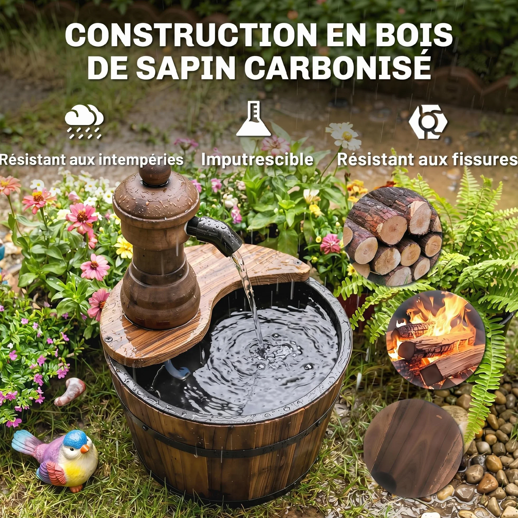 Outsunny Fontaine de Jardin Tonneau Pompe à Eau Submersible Ø 27 x 37H cm Bois de Pin Marron