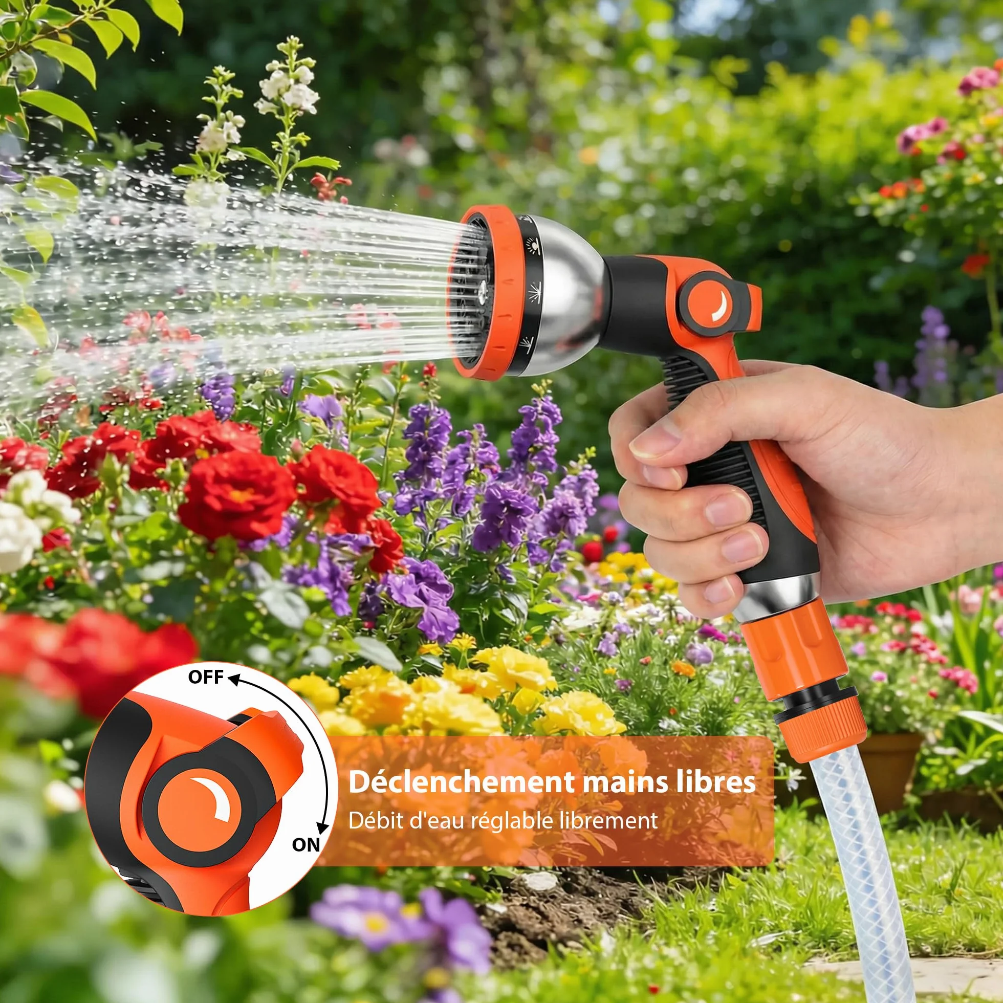 Pistolet Arrosage Jardin 10 Modèles Réglables Pulvérisateur Multifonctionnel Orange
