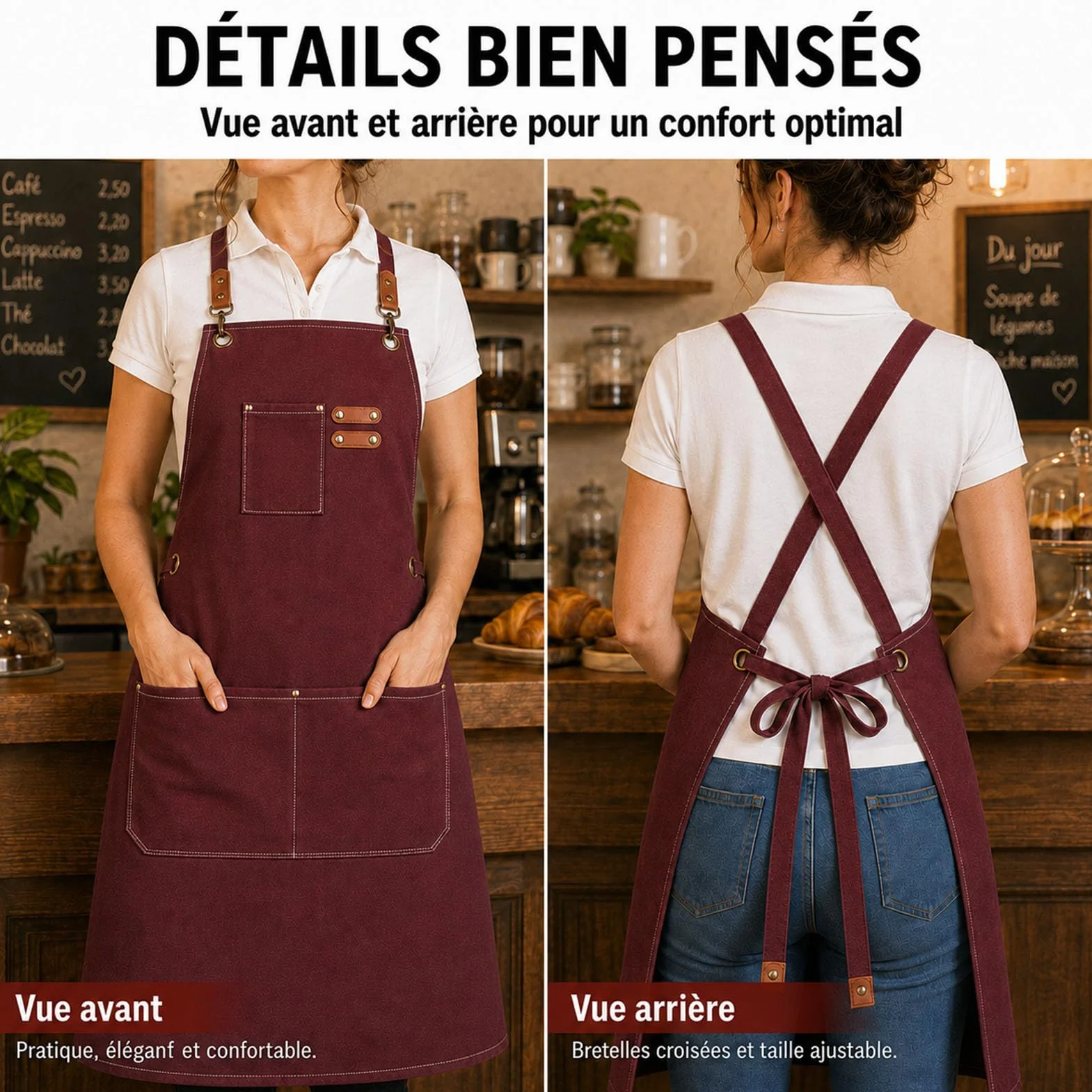 Tabliers de Cuisine 68x76cm Réglable avec 3 Poches pour Hommes Femmes Barbecue