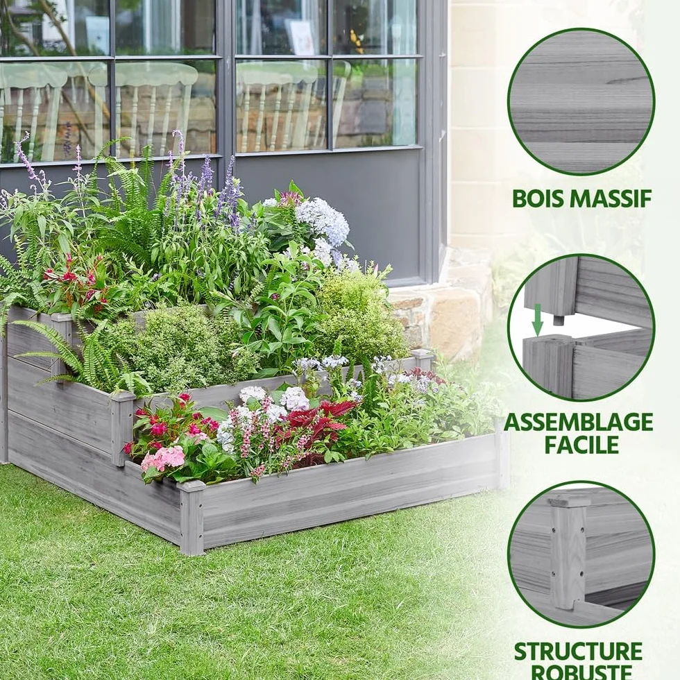 Yaheetech Carré à Plantes en Bois 120 x 120 x 56 cm Potager Surélevé 3 Étages