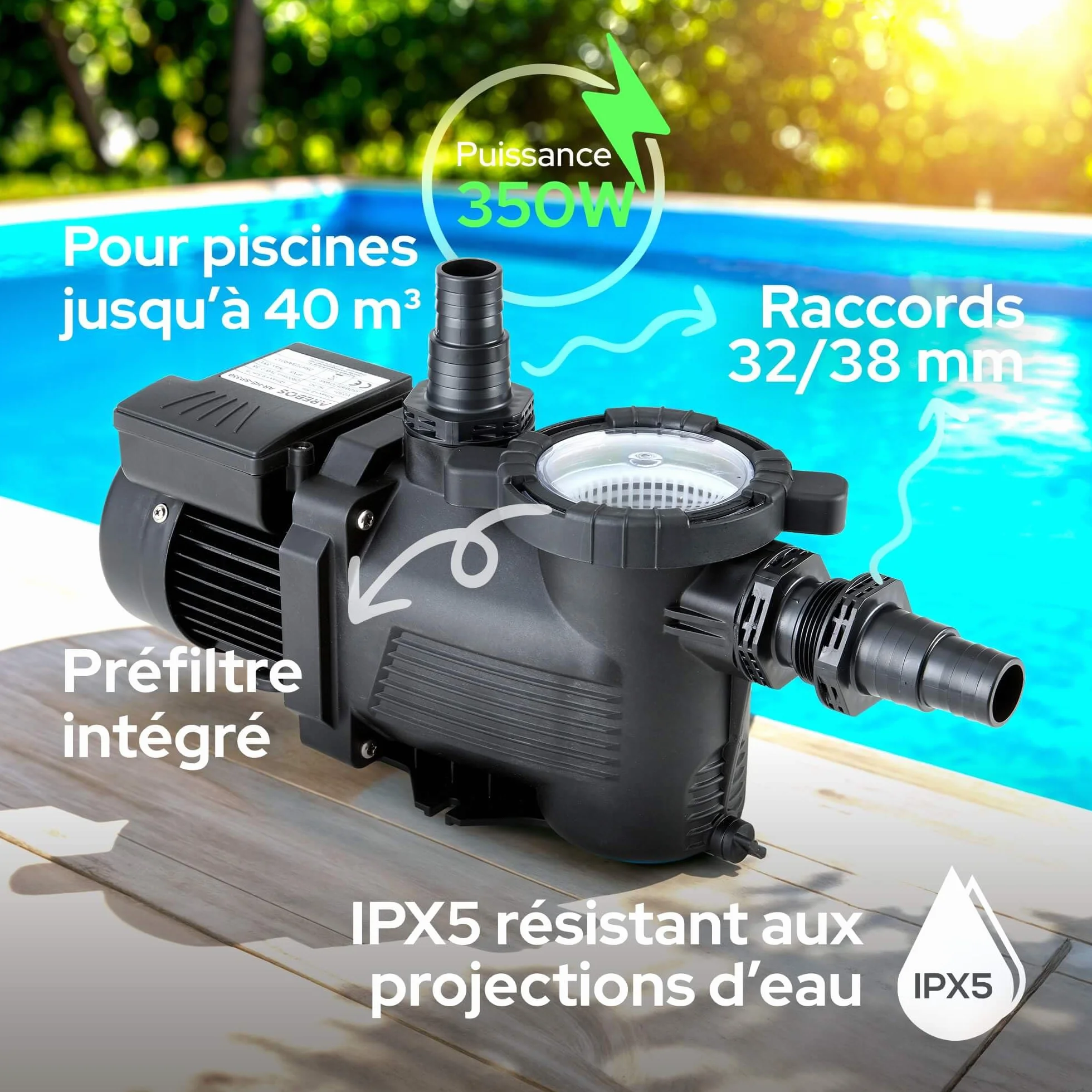 Arebos Pompe de piscine 350W 9500 l/h Filtration avec préfiltre