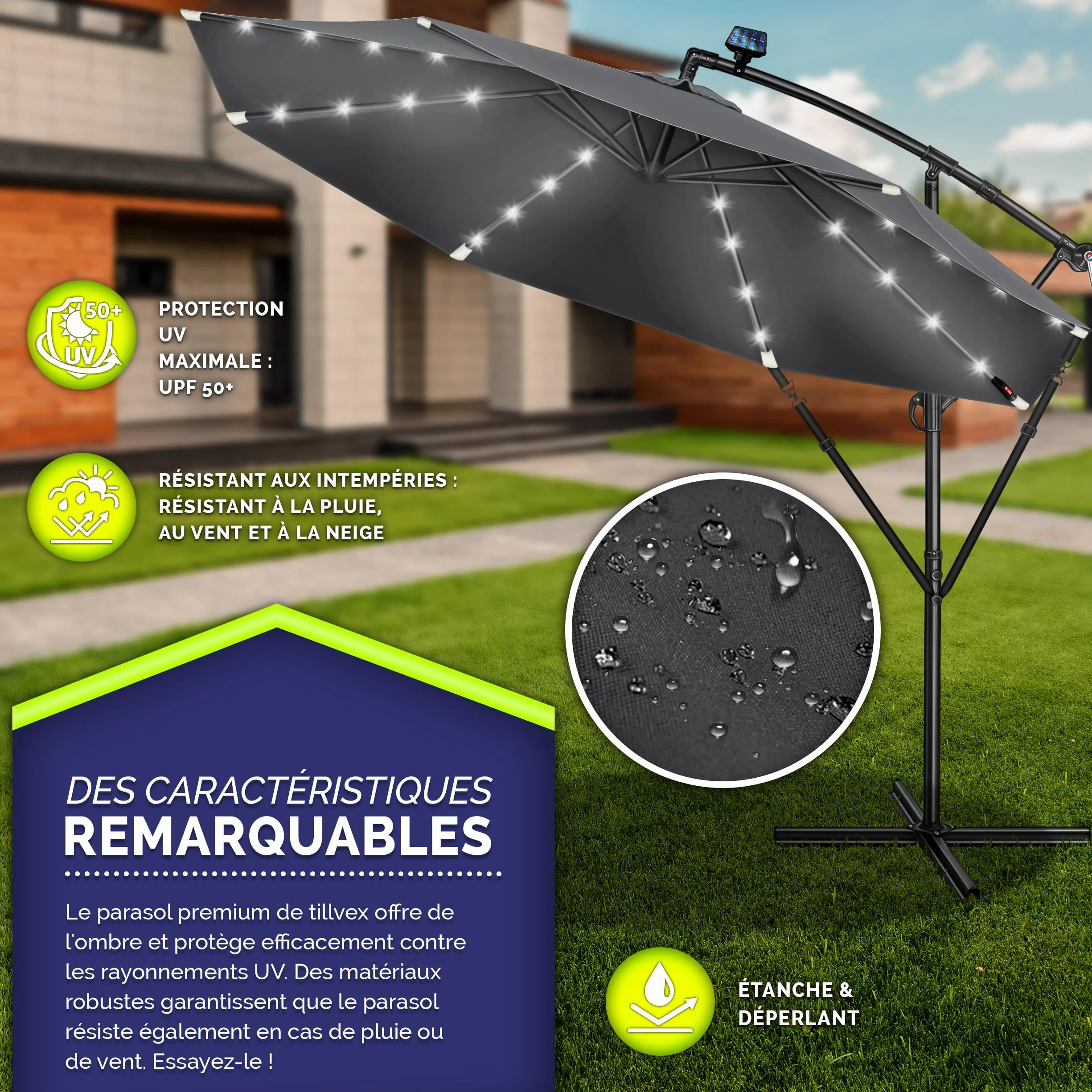Parasol déporté LED solaire hexagonale 3M avec manivelle Protection UV en aluminium pour jardin