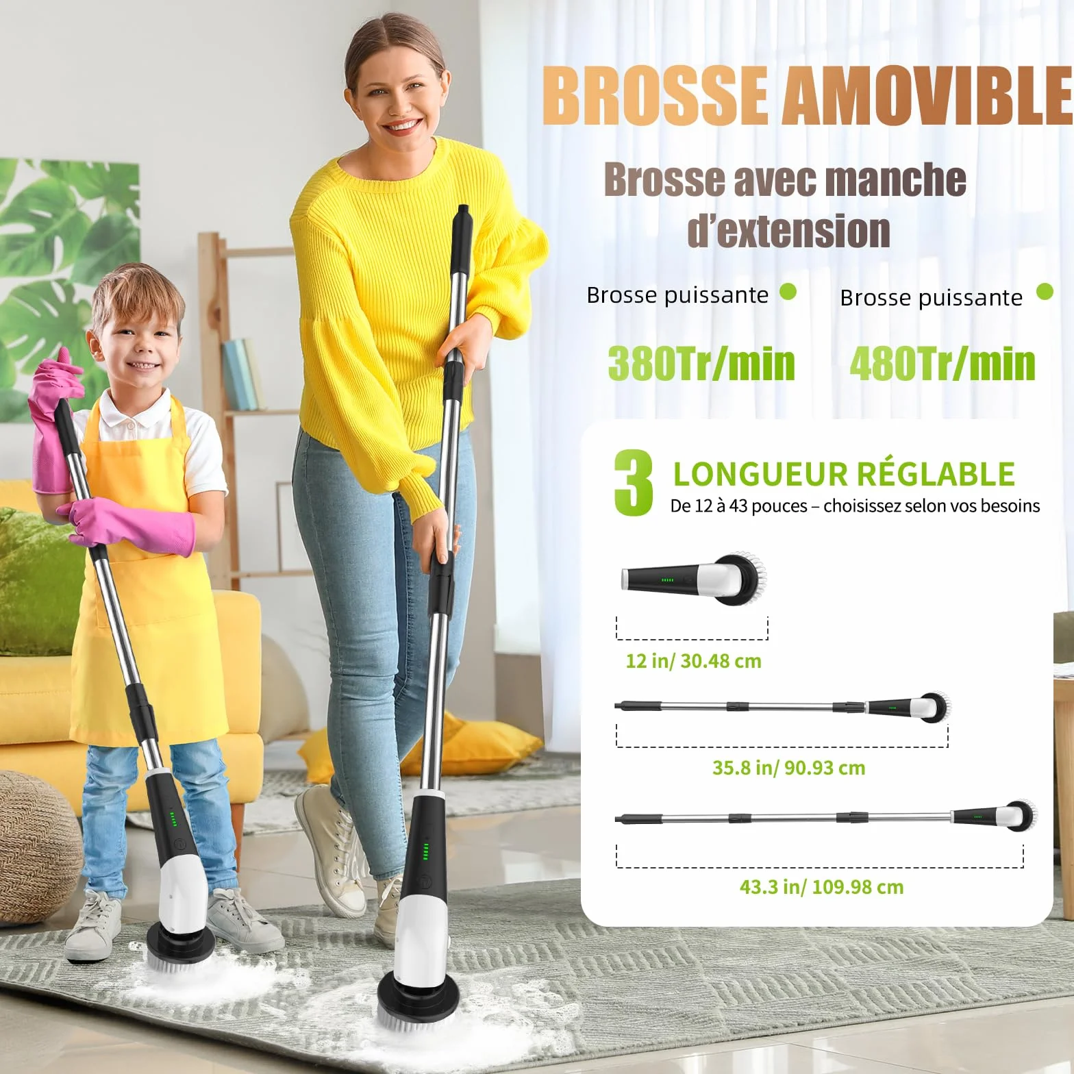 YKYI Brosse électrique Nettoyage rotative avec 8 têtes, Manche Extensible, 2 Vitesses, Batterie 2500mAh, étanche IPX7 – Brosse Nettoyage Salle de Bain et Cuisine