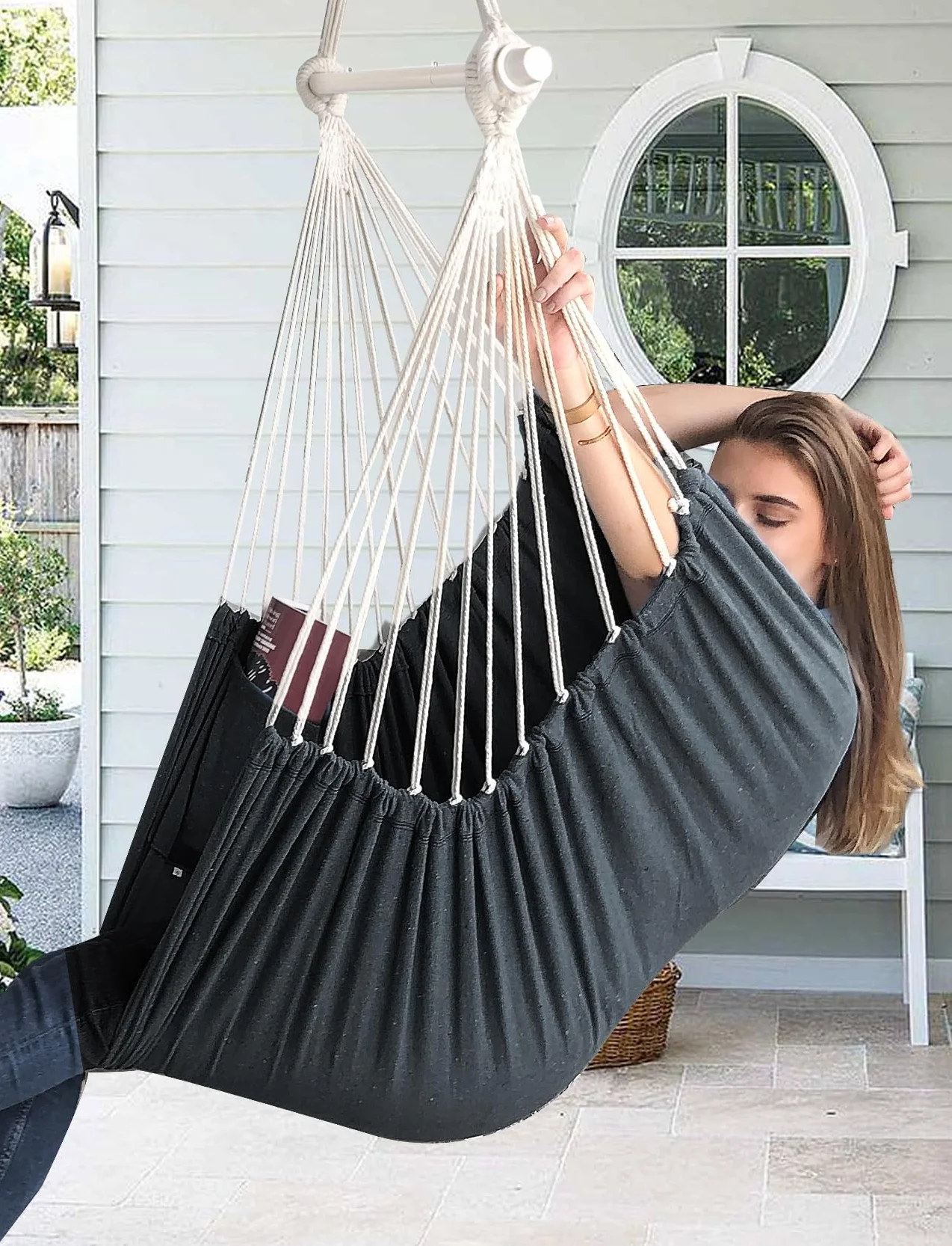 Chihee Siège Suspendu Chaise Hamac Métal Pliable Barre d'écartement Portable Max 500 lbs Patio Pelouse Coton Mélangé