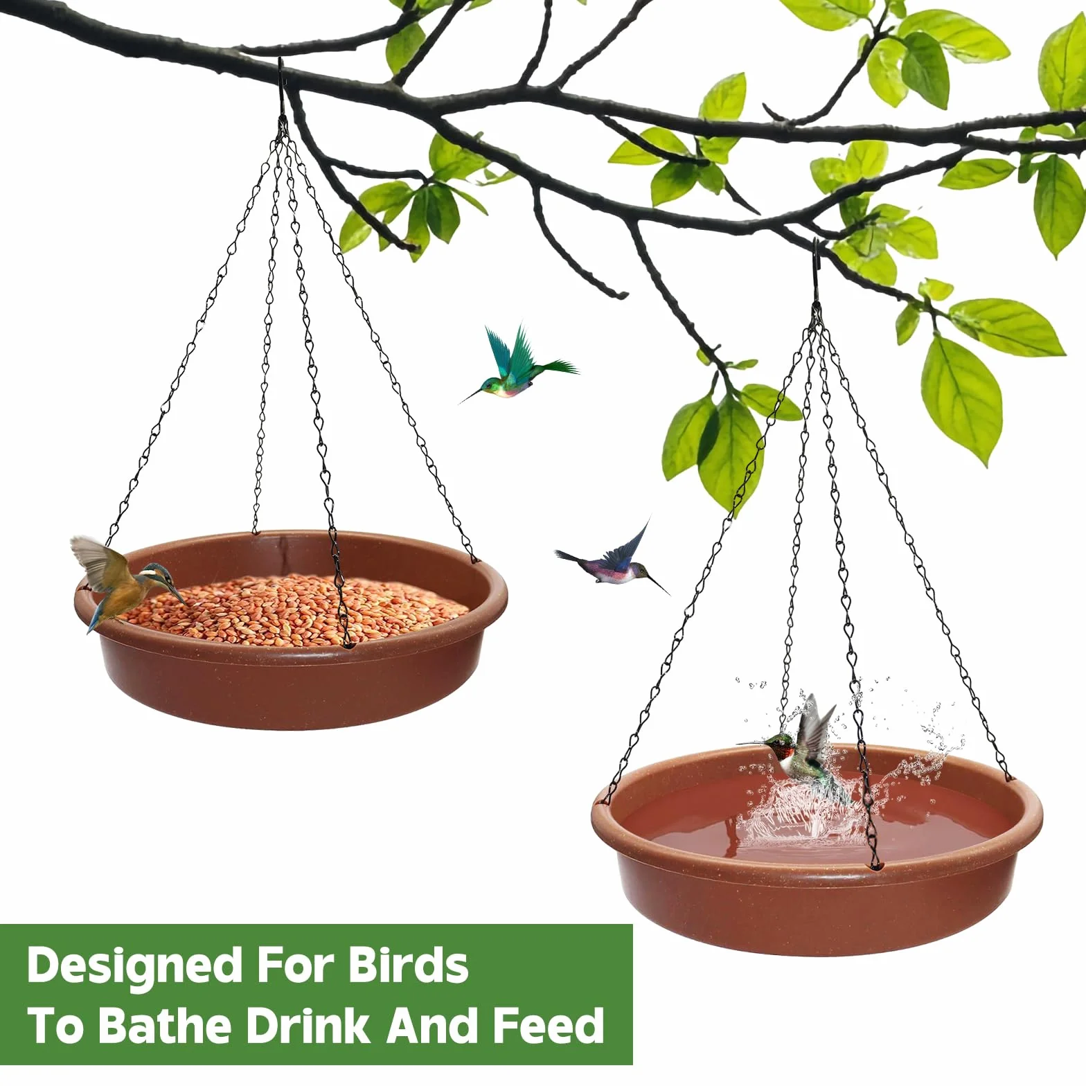 Abreuvoir à Oiseaux Suspendu avec Crochets Métal, Bain Bol Eau Oiseaux, Mangeoire pour Moineau Perroquet, Diamètre 30.5 Cm, Brun