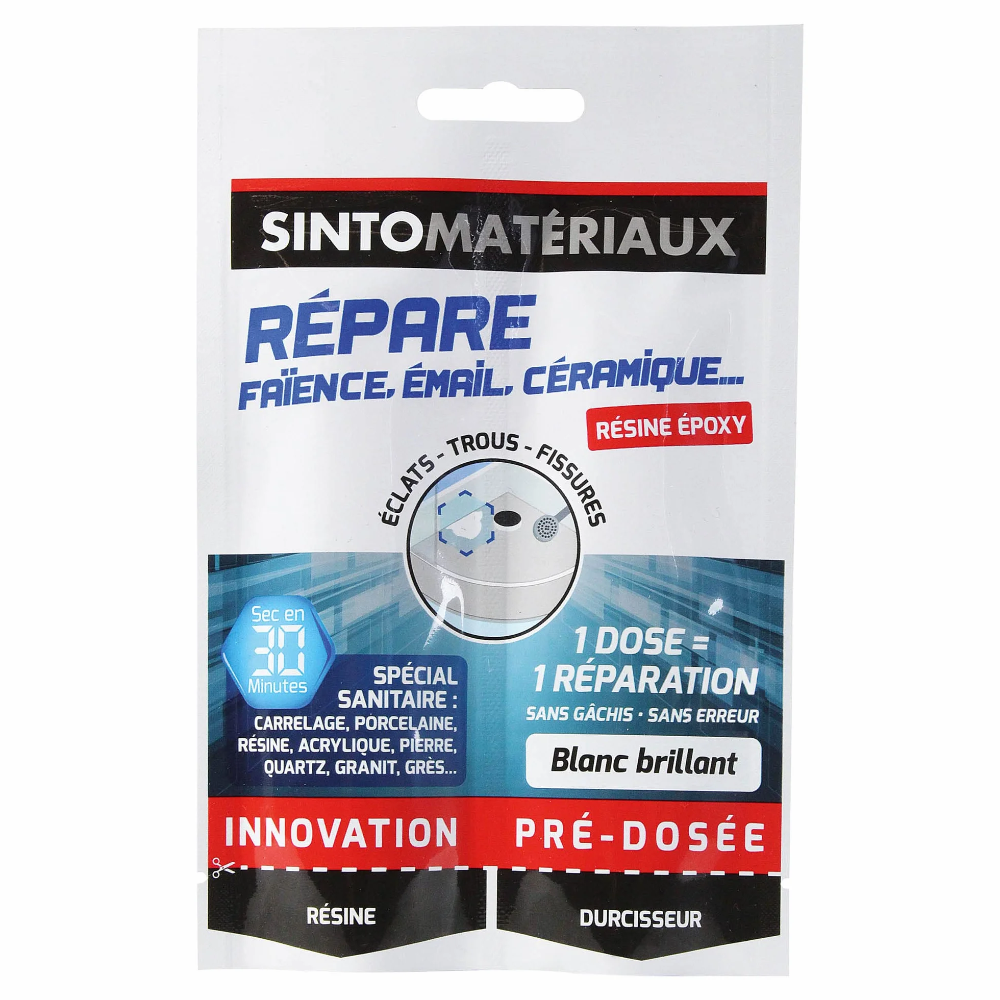 SINTO Répare faïence émail et céramique blanc 15g, répare éclats trous et fissures des sanitaires, éviers douches vasques baignoires et WC, 1 dose = 1 réparation, intérieur et extérieur