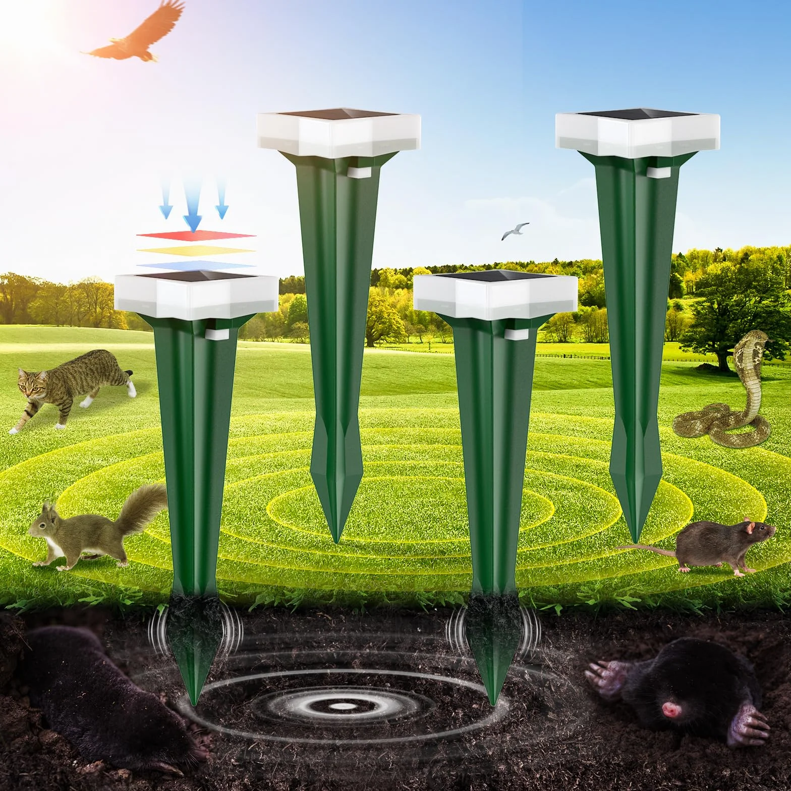 Anti Taupe Solaire Étanche 3 Modes Vibration LED, Répulsif Taupe Serpent Rongeurs Jardin 2 Pièces Vert