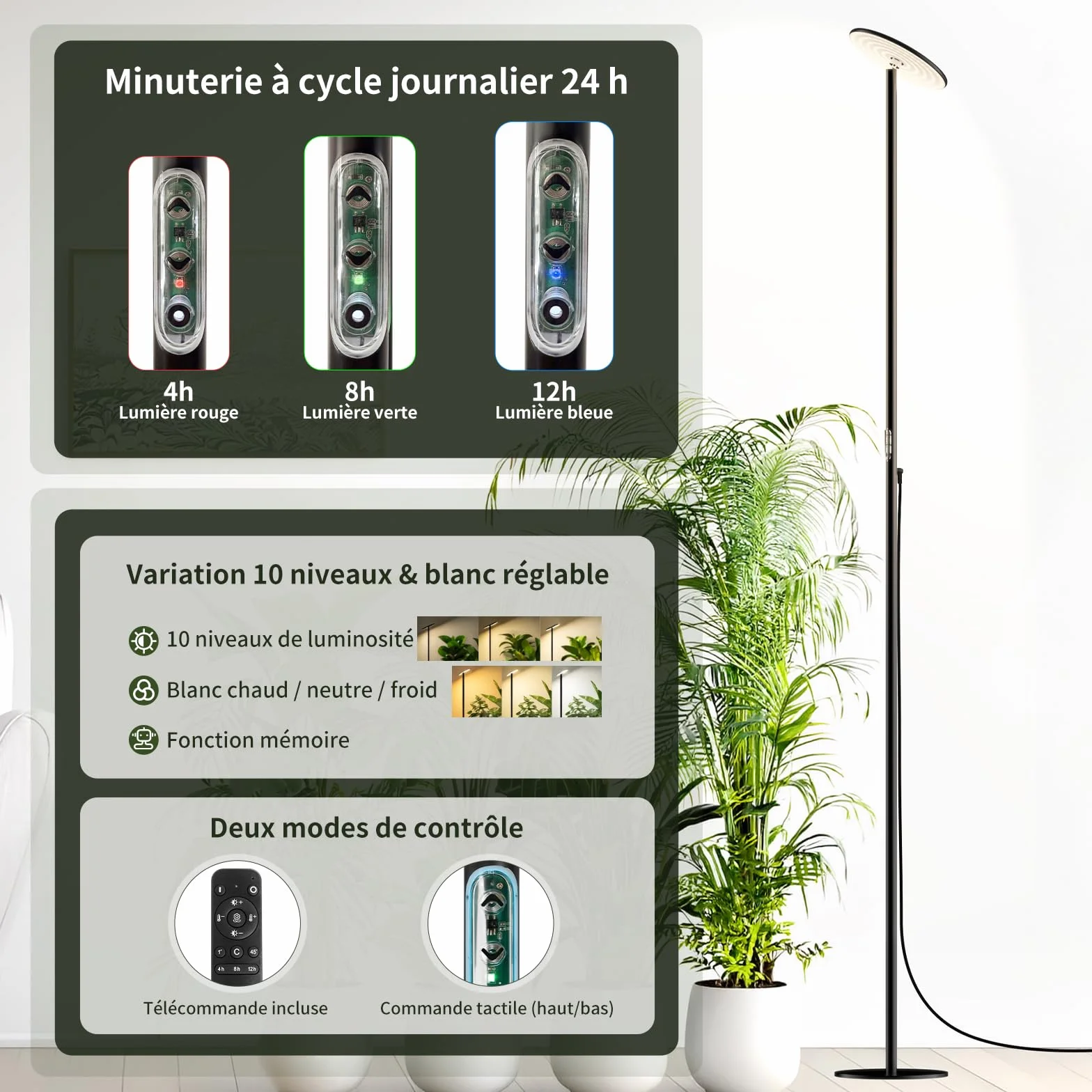 Lampe Horticole LED 60W sur Pied, Plein Spectre, Hauteur Réglable 216 cm, pour Grandes Plantes, Télécommande