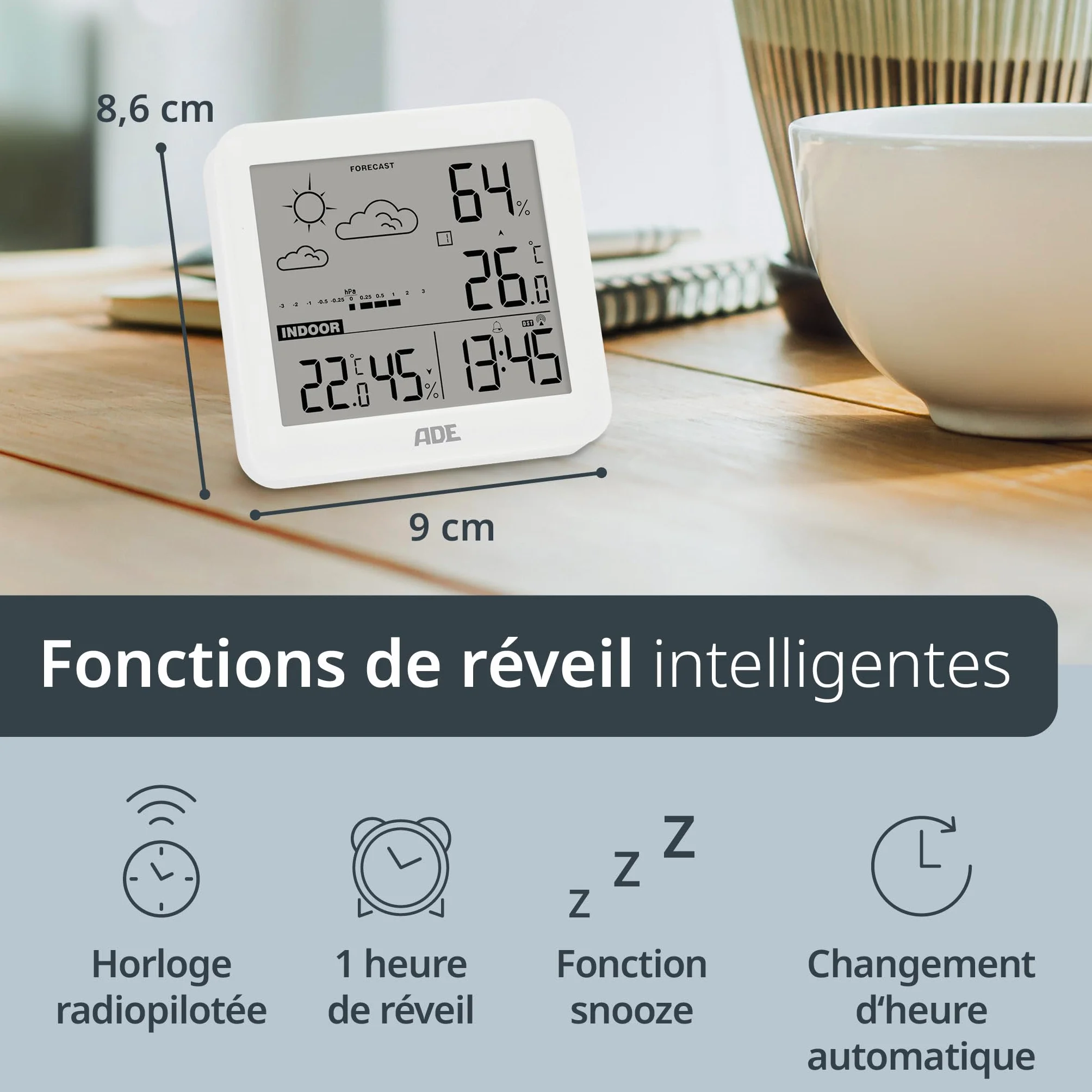 ADE Petite station météo numérique avec capteur extérieur, prévisions météo, température, humidité, horloge radiopilotée, réveil, blanc