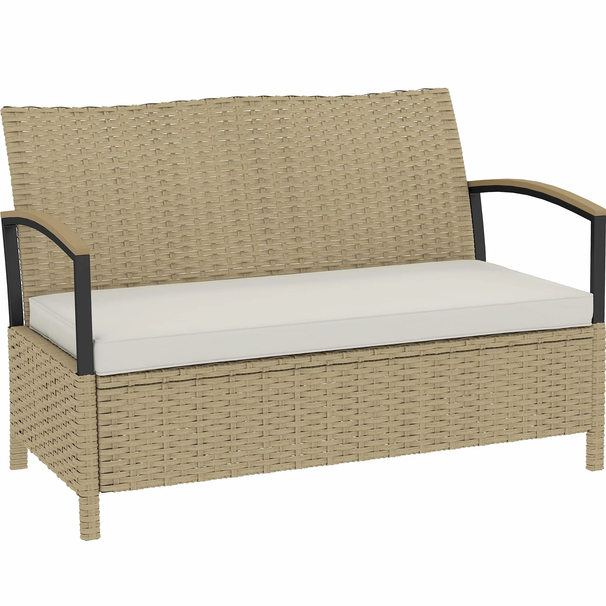 Outsunny Coffre d'extérieur Banc Jardin Rangement 125 L Canapé 2 Places Rotin PE Coussin Métal Terrasse Kaki