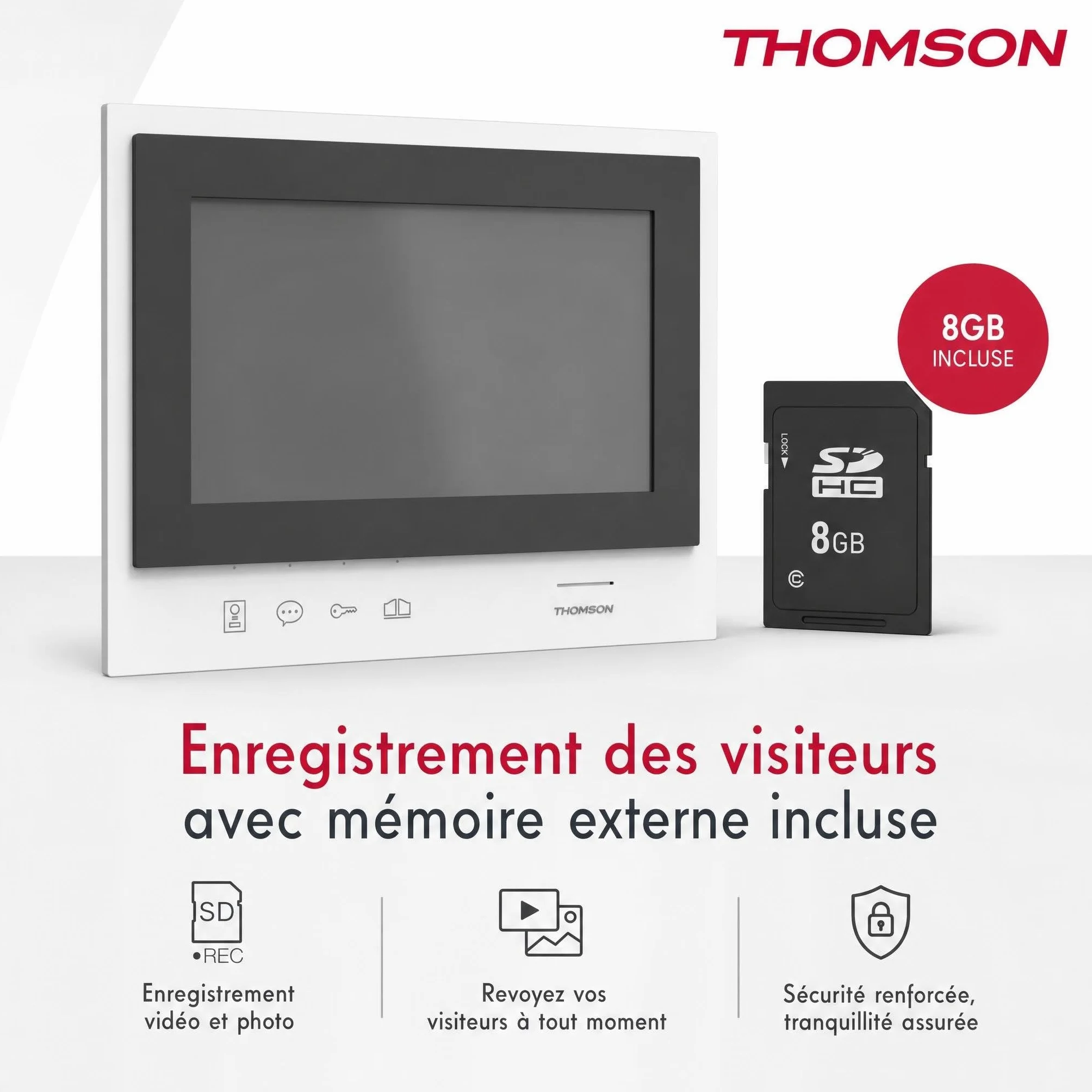THOMSON Visiophone sans Fil HD Écran 7'' Portée 350m SD 8 Go Vision Nocturne IR Double Commande Portillon/Portail