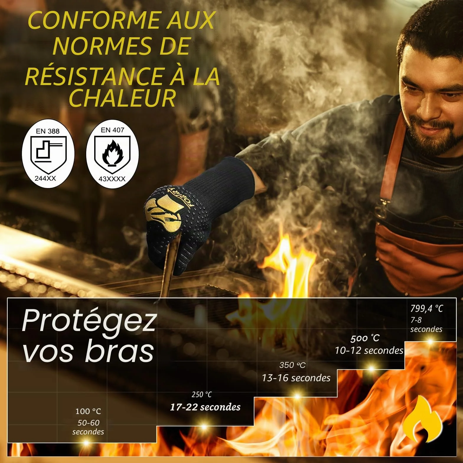 Gant Barbecue Anti Chaleur 800°, Four antidérapants, Cuisson Cuisine Respirants, ignifuges, pour BBQ L-XXL