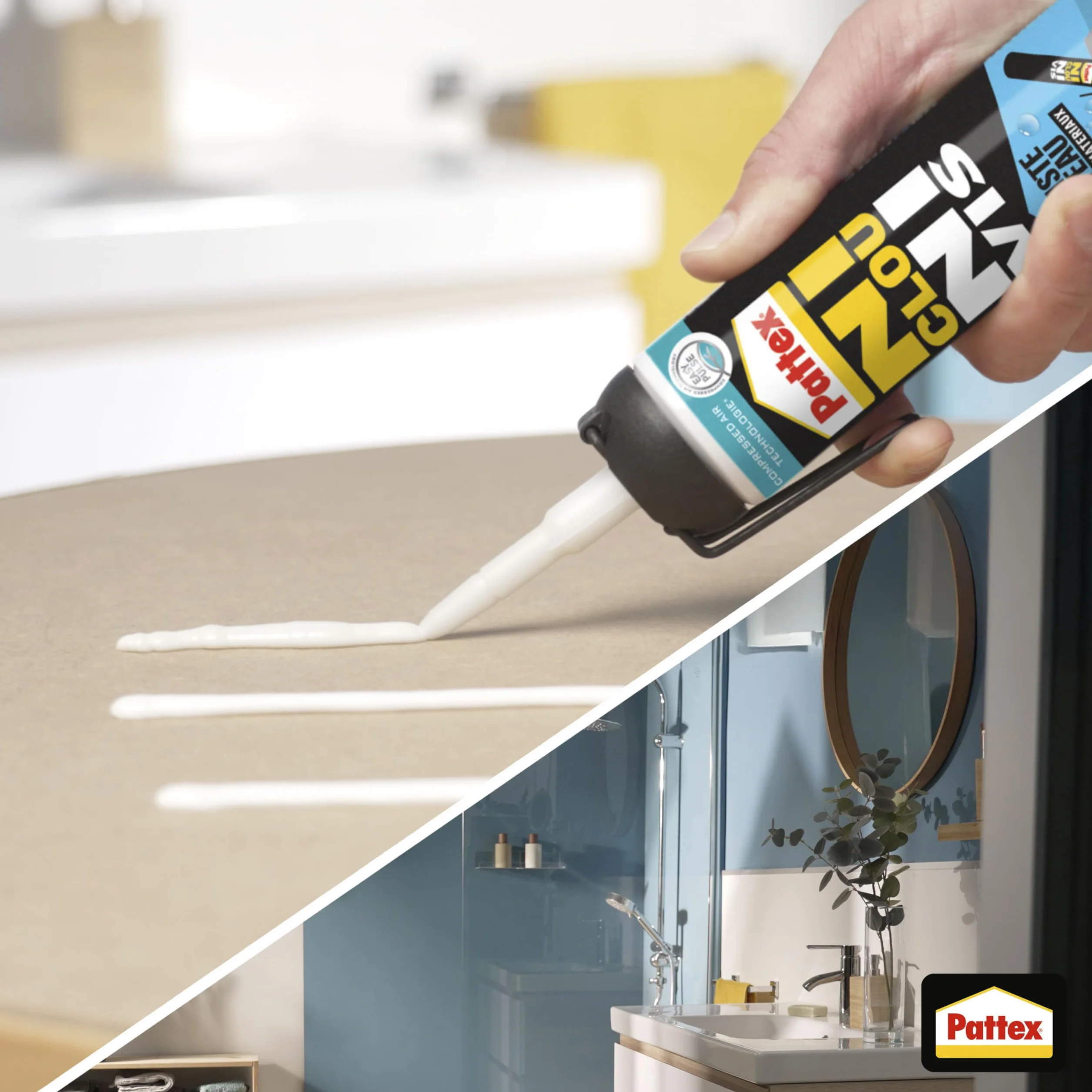 Pattex – Colle Ni Clou Ni Vis Résiste à l'Eau (MSP de 326 g) – Colle de fixation à maintien immédiat pour intérieur & extérieur – Mastic blanc résistant à l’eau, flexible et repositionnable