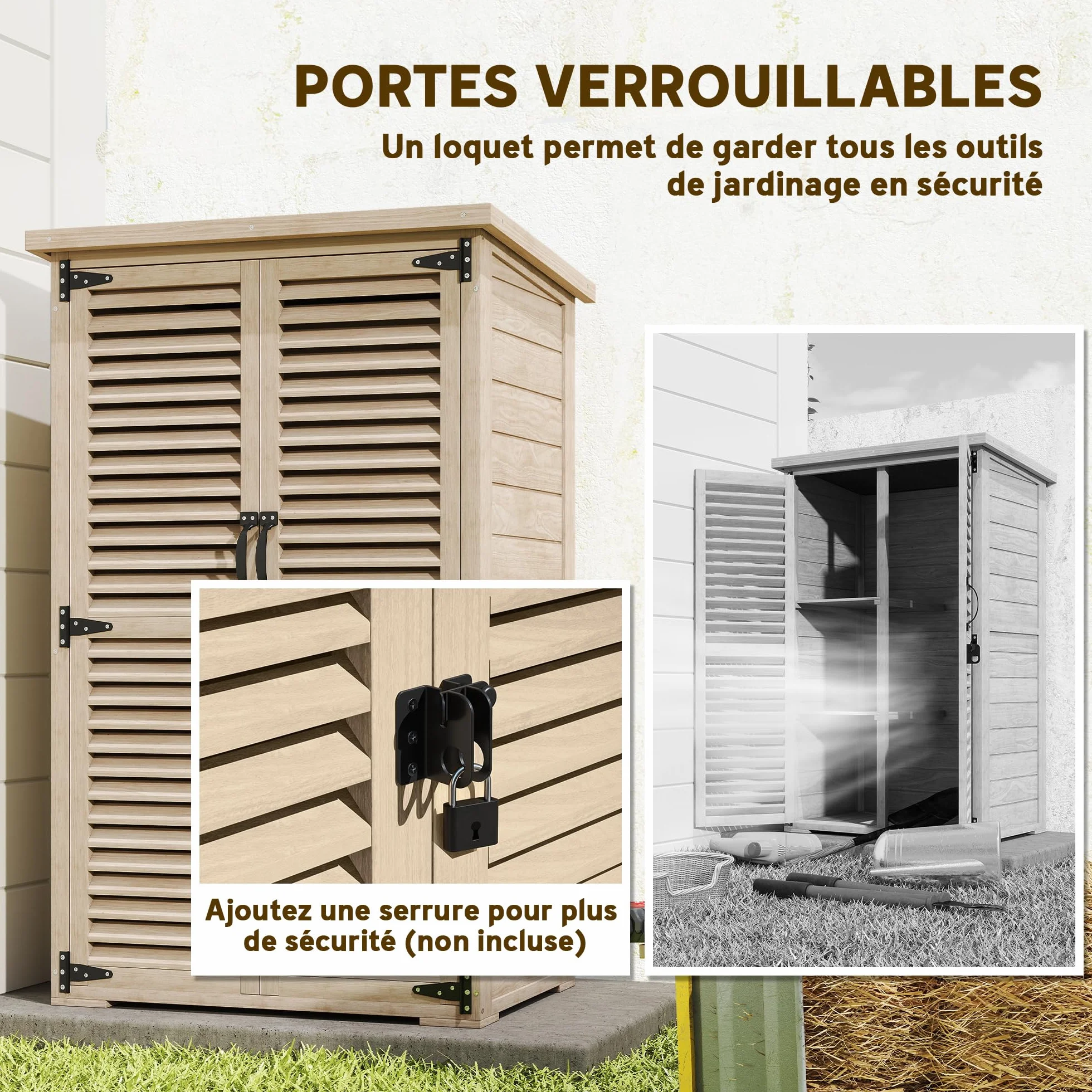 Outsunny Armoire de Jardin Bois Toit bitumé 2 étagères Portes persiennes verrouillable 75x50x118