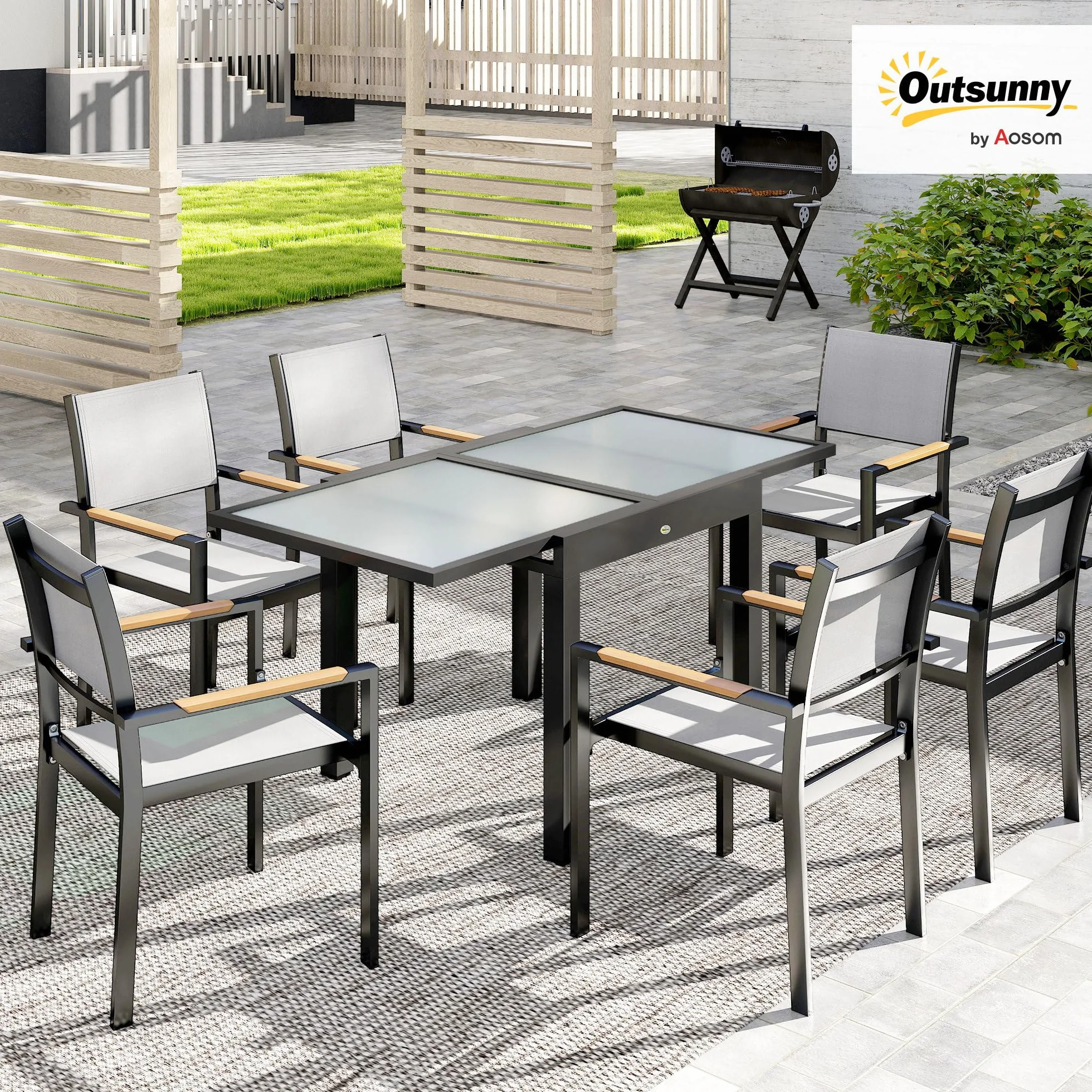 Outsunny Table Extensible de Jardin Grande Taille 160 x 80 x 75 cm Verre Trempé Aluminium Gris
