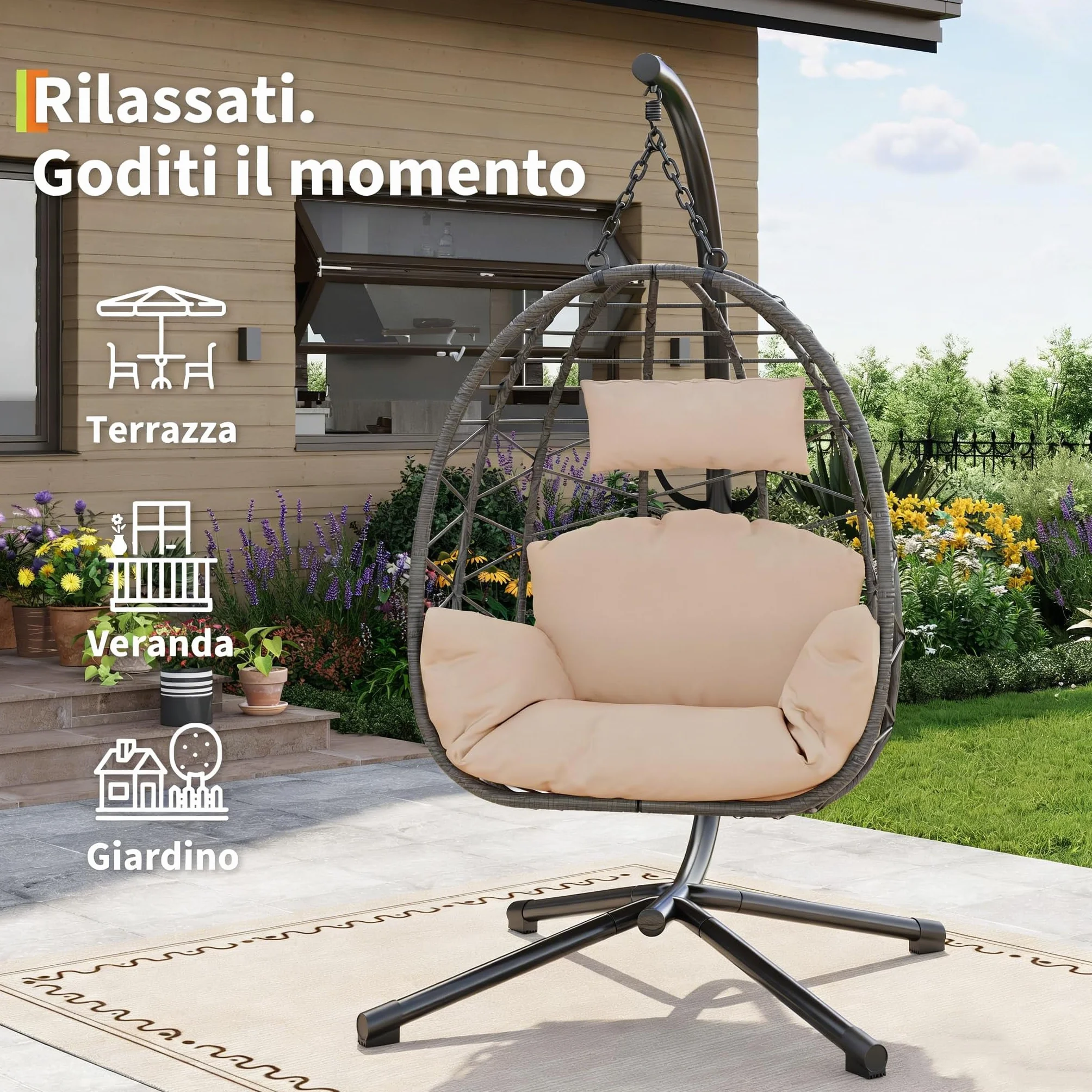 Garvee Fauteuil Suspendu Aria en Rotin Synthétique – Chaise Balancelle avec Coussin Épais, Hauteur Réglable, Beige