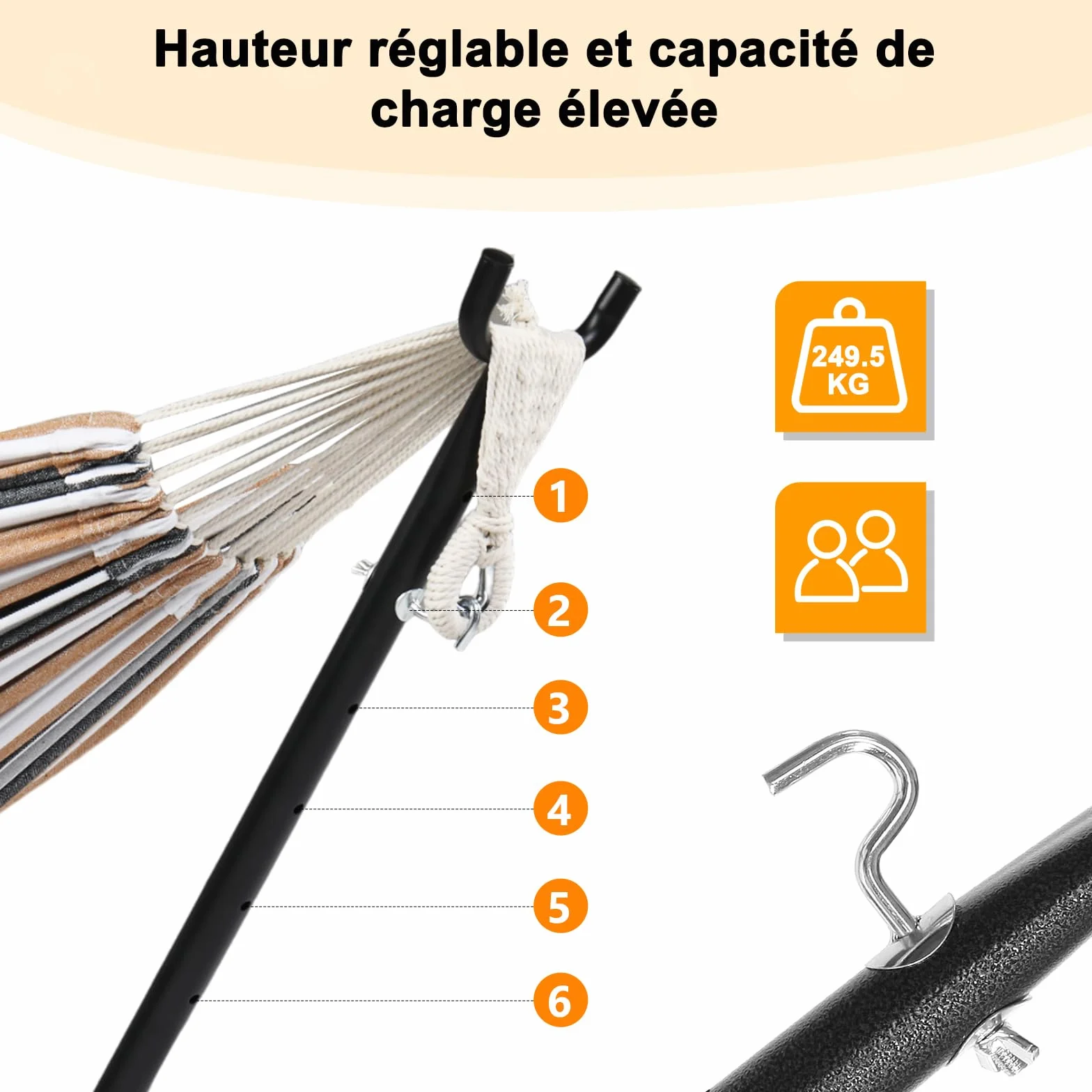 Support hamac Exterieur Construction Robuste Hauteur réglable 6 Vitesses 2,80L x 1,09B x 1,04H m Noir