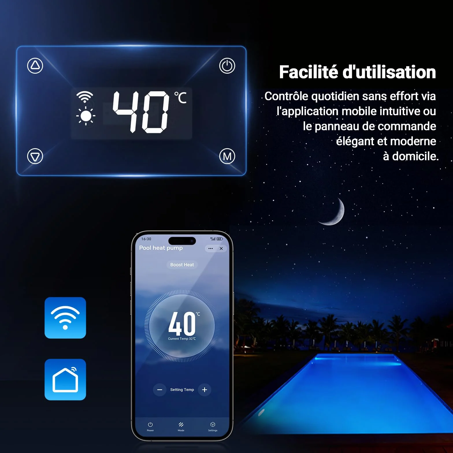 Pompe à Chaleur Piscine 5.4 kW + Réchauffeur Électrique 1.5 kW COP 5.51 Connectée Wi-Fi Silencieuse