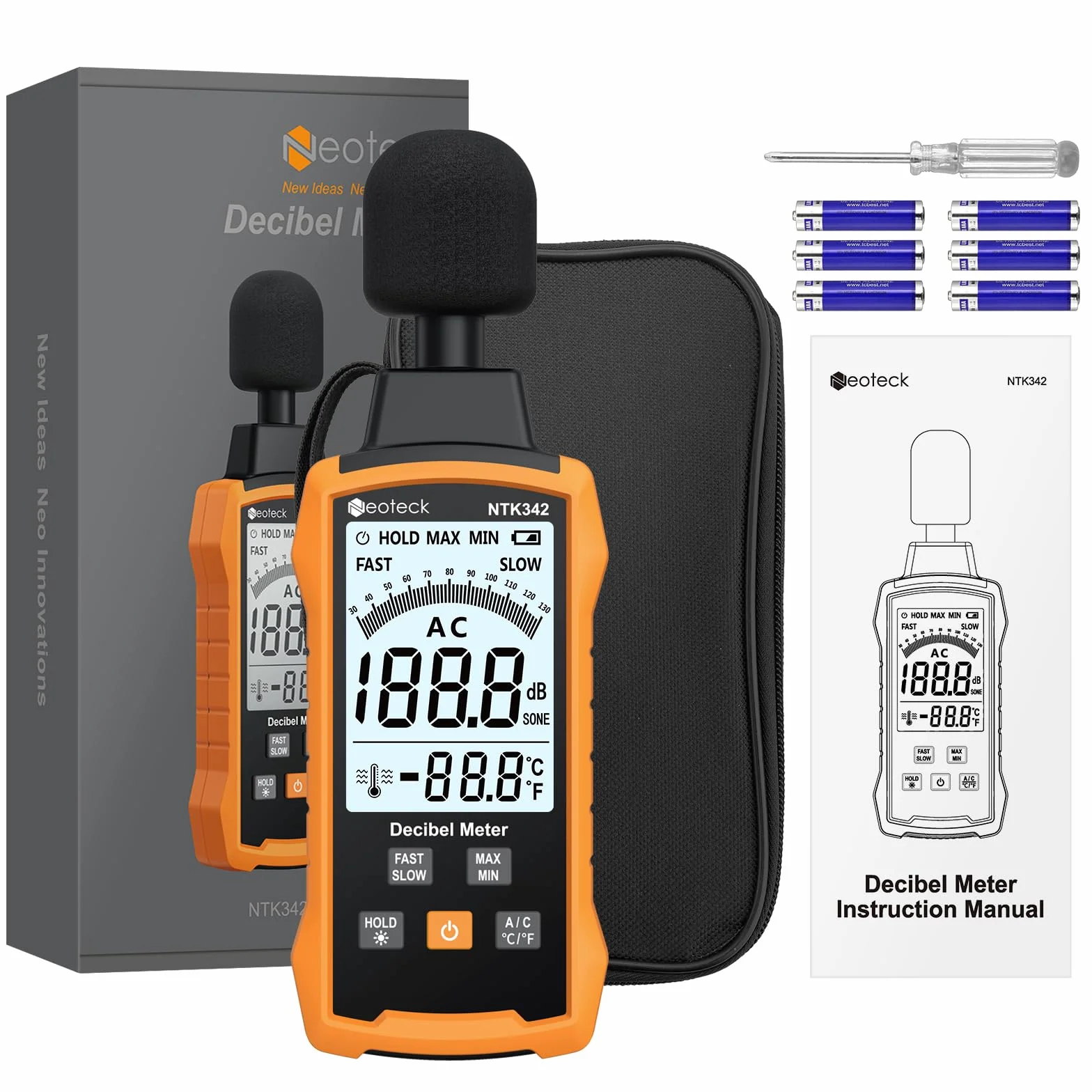 Neoteck Sonomètre Numérique Portable 30–130dB – Décibelmètre A/C Pondéré, Réponse Rapide et Lente, Écran LCD Rétroéclairé, Données MAX/MIN et Maintien, Professionnel pour Maison, Bureau, Usine