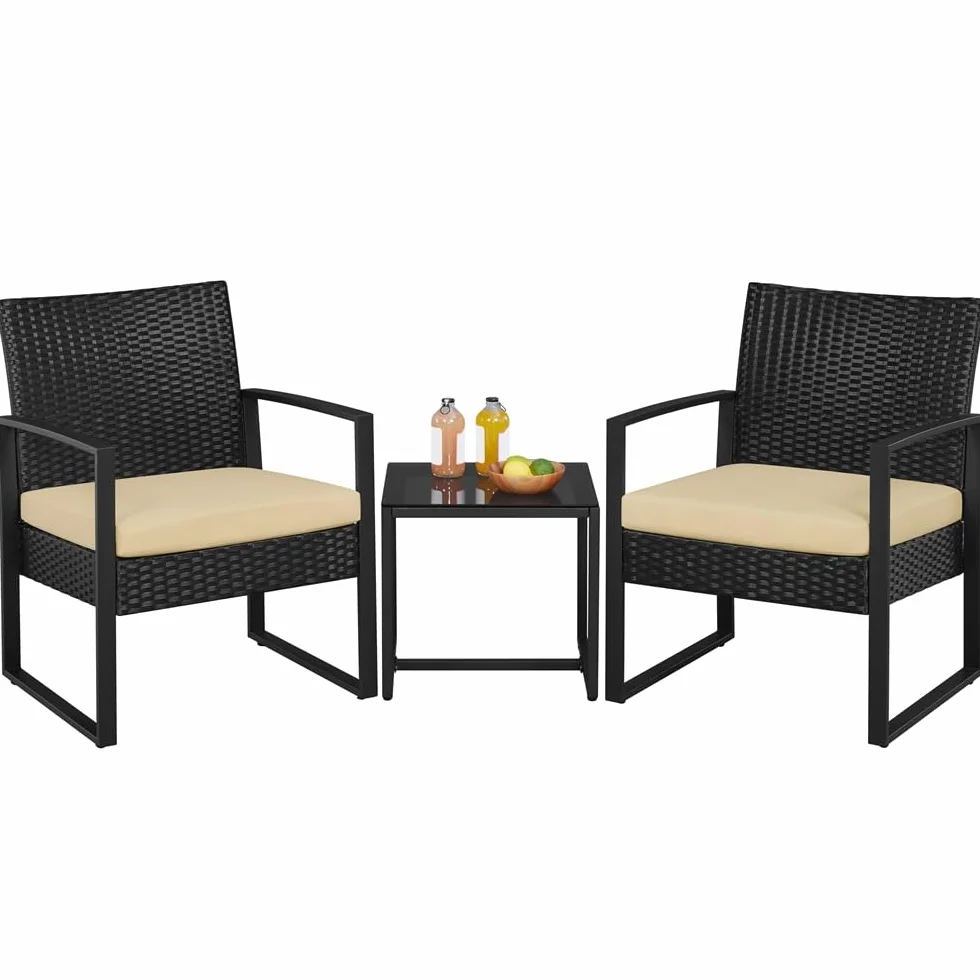 Yaheetech Salon de Jardin Exterieur 2 Fauteuils 1 Table Basse Poly Rotin Metal Noir/Kaki