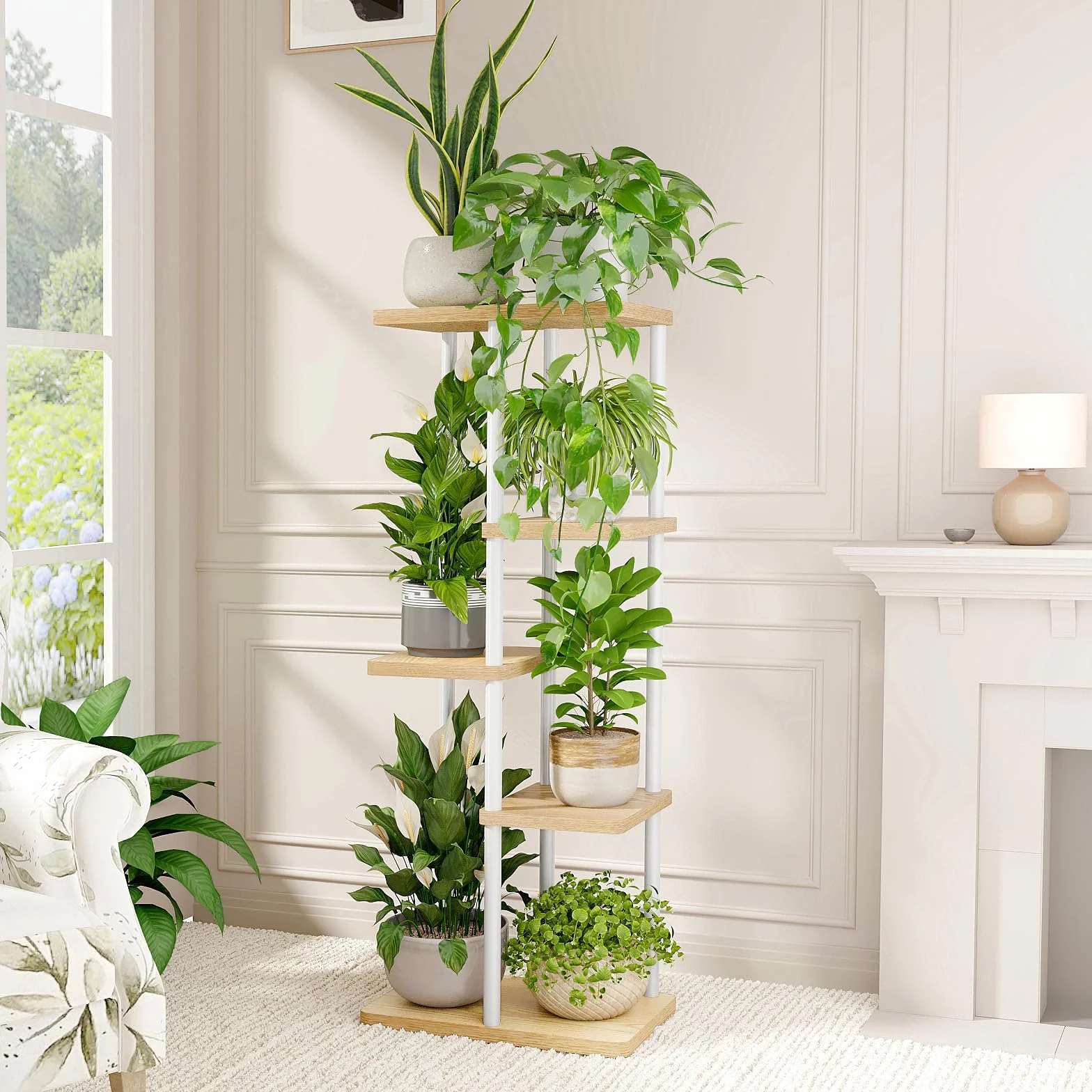 Bamworld Support Plantes Intérieur 5 Niveaux Métal Étagère à Fleurs d'Angle Blanc