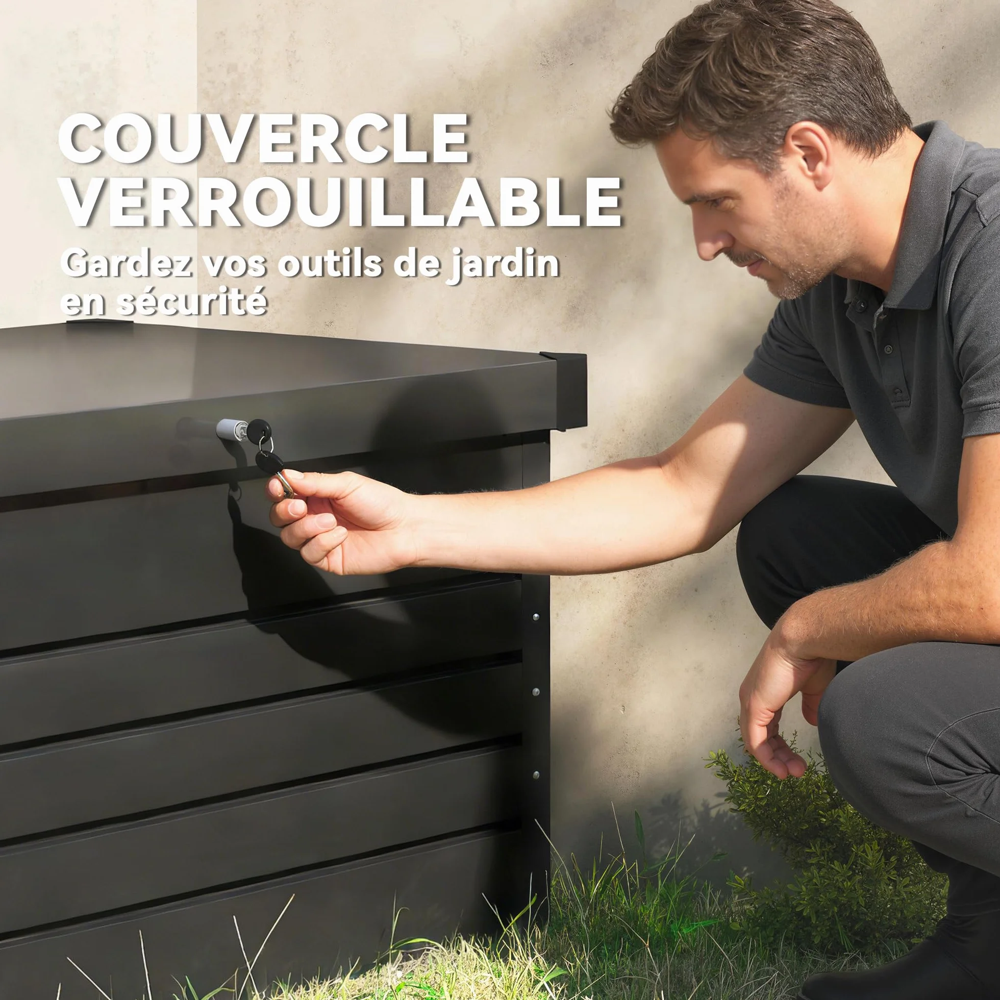 Outsunny Coffre de rangement métal 350L acier galvanisé étanche double vérins gaz verrouillable gris anthracite