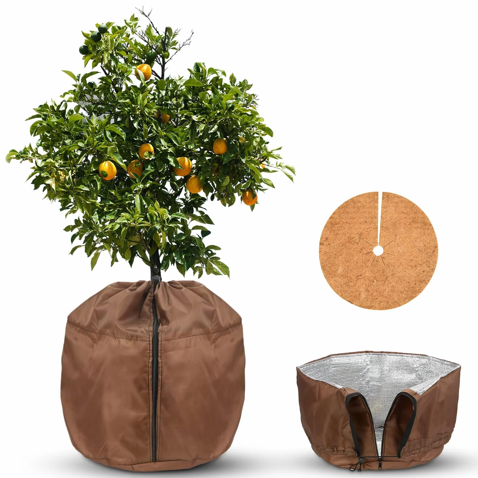 Protection Pot de Fleur Hiver 50x45cm Sac Antigel avec Fermeture Éclair Cordon de Serrage Tapis de Coco Brun