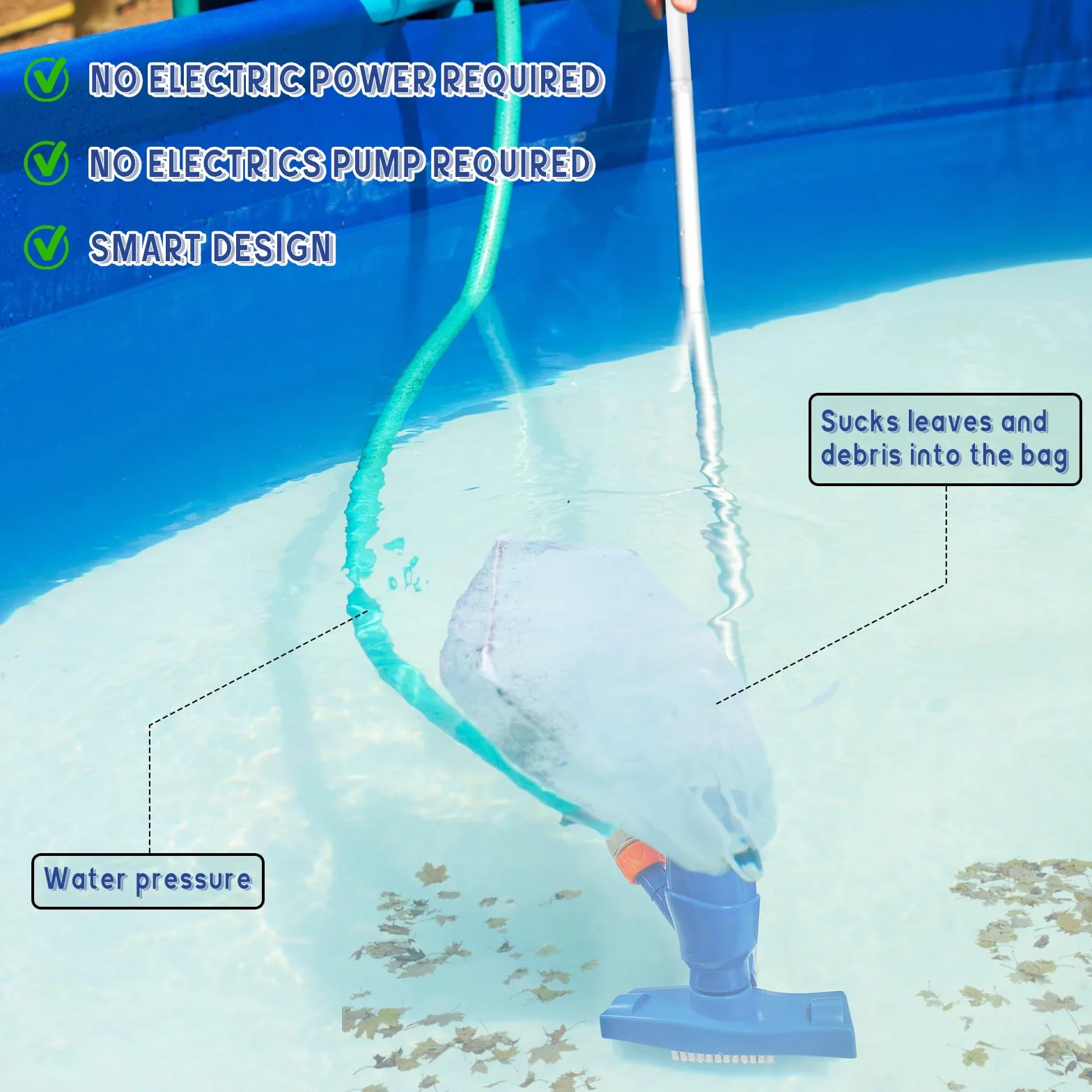 Aspirateur Piscine Balai Nettoyeur Spa avec Sac Filtrant et Perche Réglable Bleu